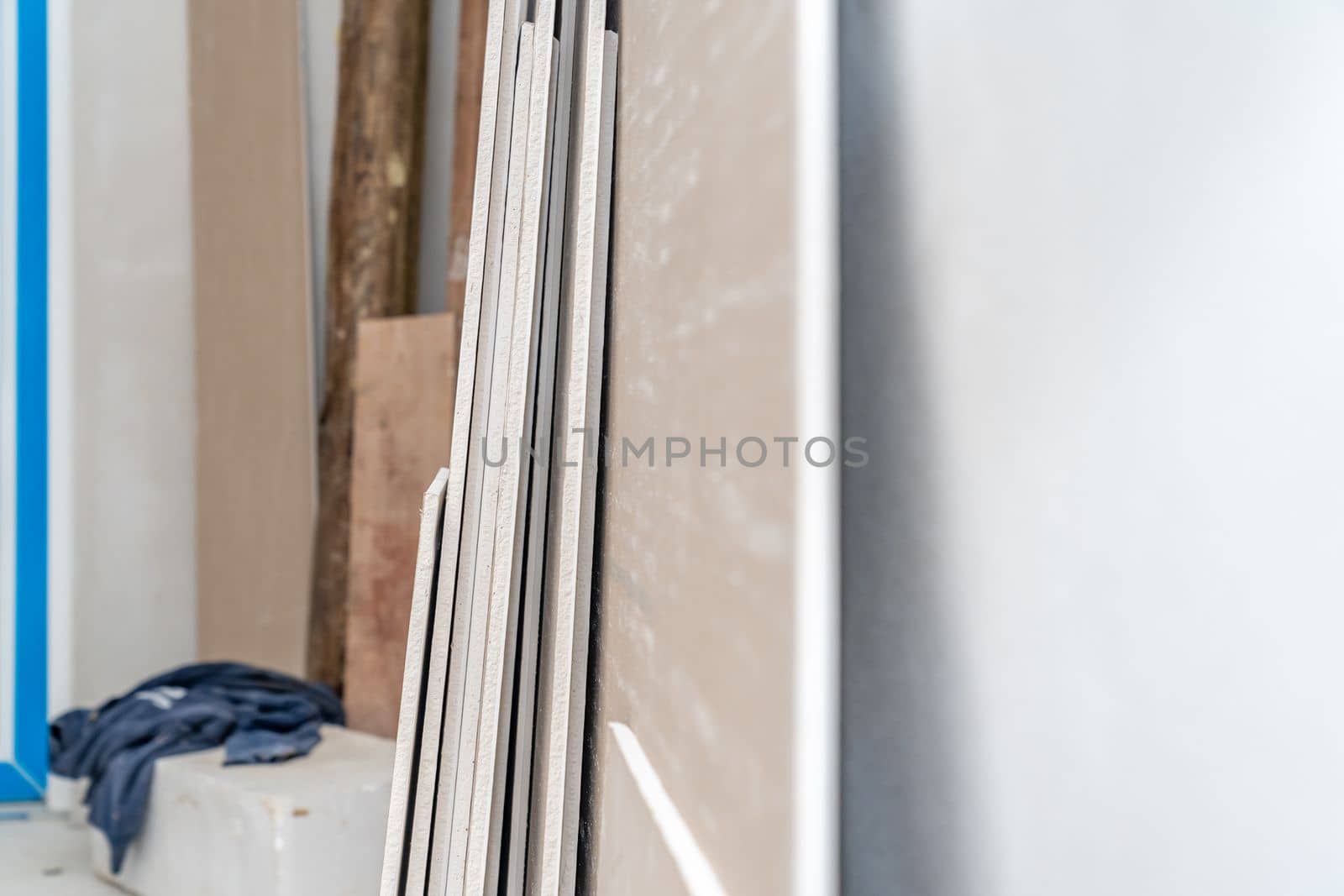 plasterboard panels on the construction site. High quality photo