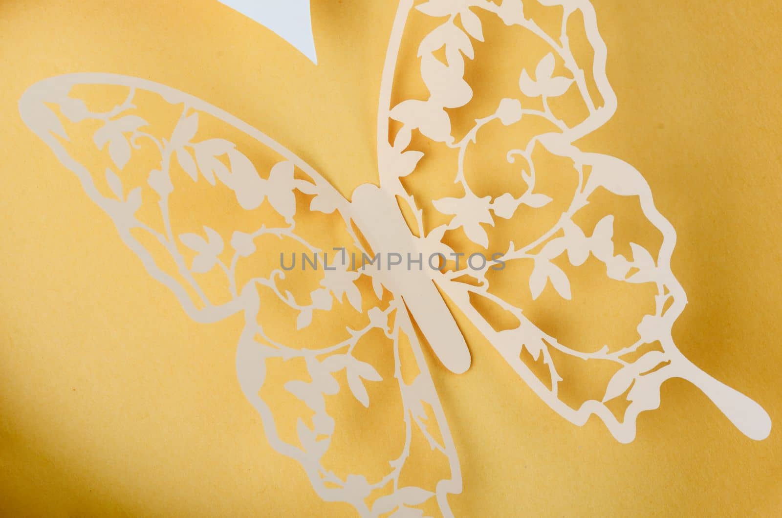 Close up a paper butterfly carve on a yellow background with empty space. by Gamjai