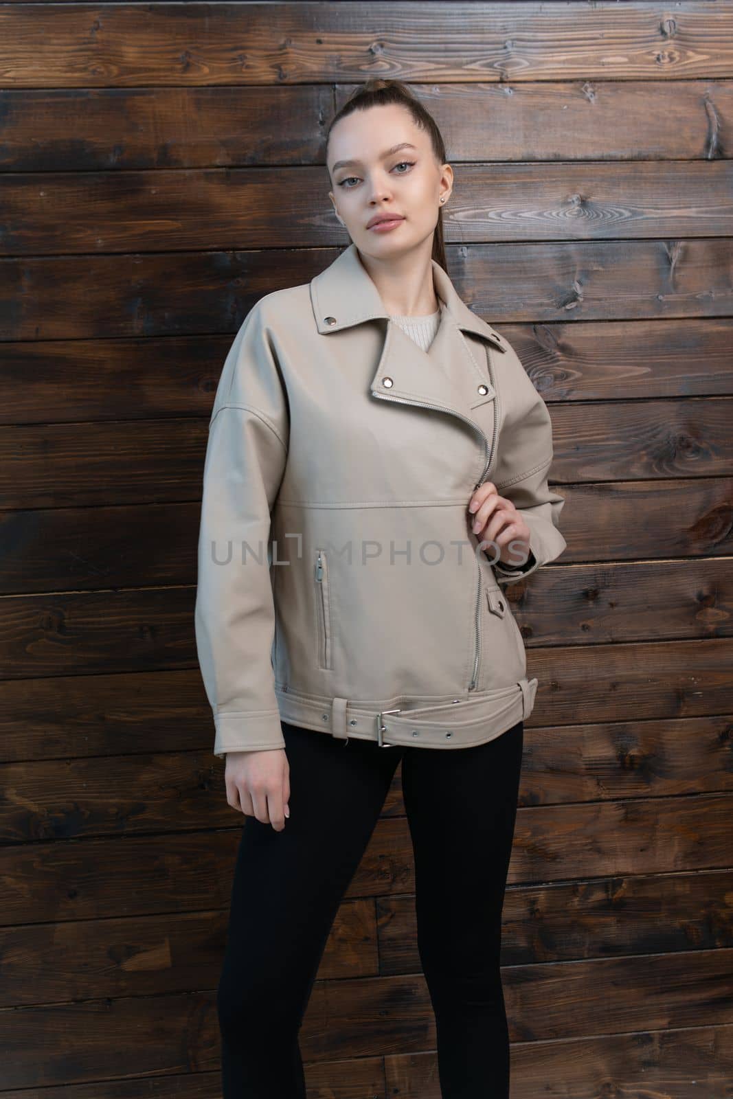 beauty portrait stylish fashion young woman style jacket female leather beige model