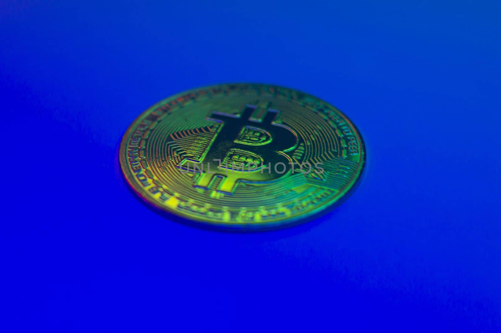 Crypto currency golden coin with bitcoin symbol on isolated on black background. Bitcoin Coin on colored background. Bitcoin cryptocurrency. Cryptocurrency Coin Concept. single golden valuable