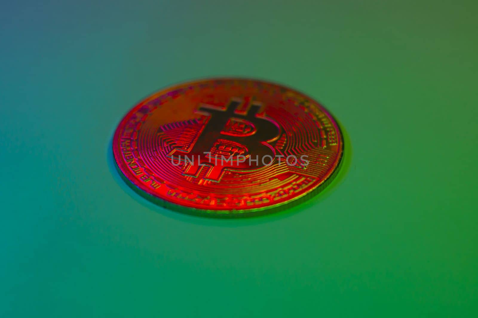 Crypto currency red coin with bitcoin symbol on isolated on black background. Bitcoin Coin on colored background. Bitcoin cryptocurrency. Cryptocurrency Coin Concept. by mr-tigga