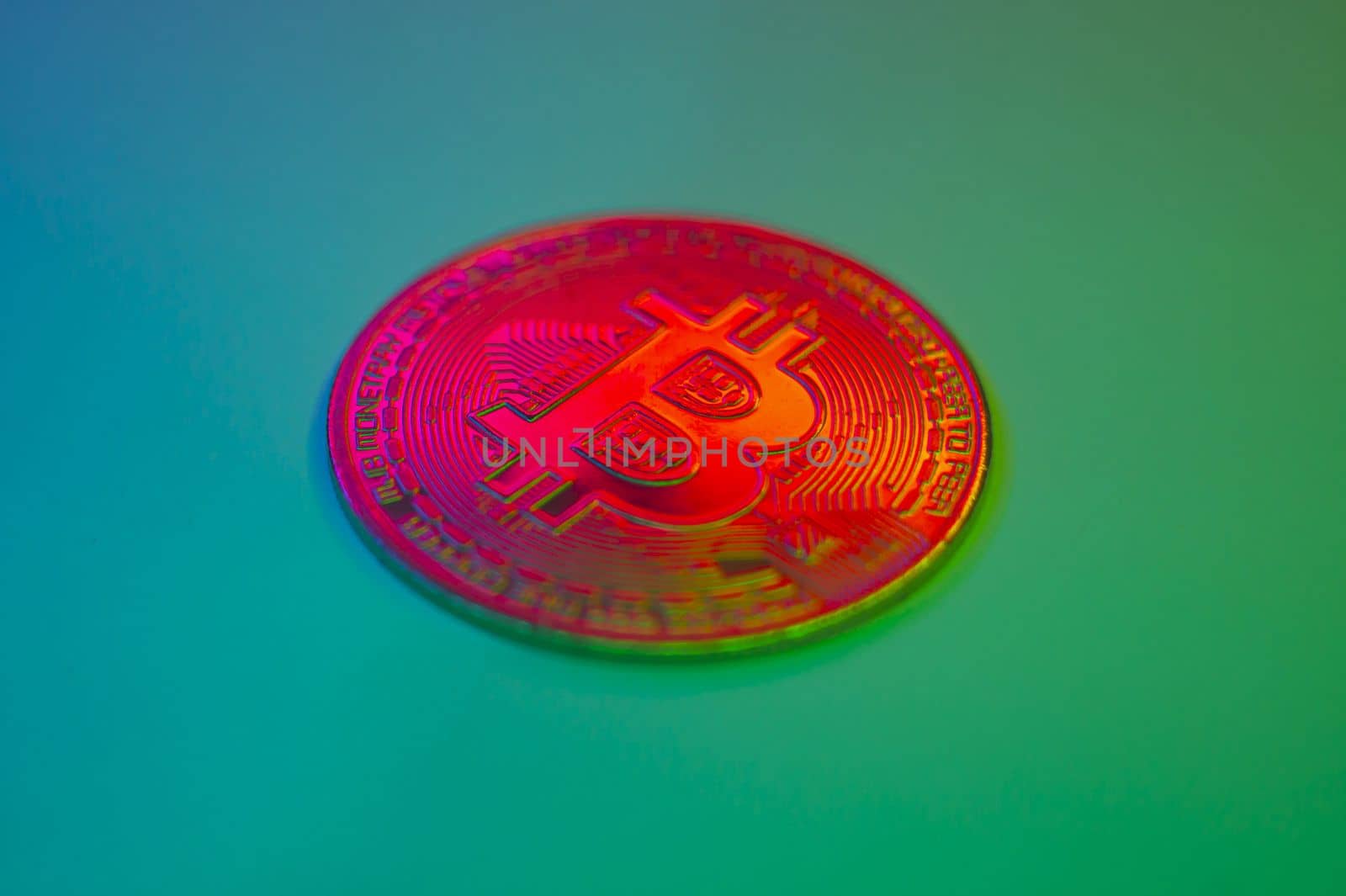 Crypto currency red coin with bitcoin symbol on isolated on black background. Bitcoin Coin on colored background. Bitcoin cryptocurrency. Cryptocurrency Coin Concept. by mr-tigga