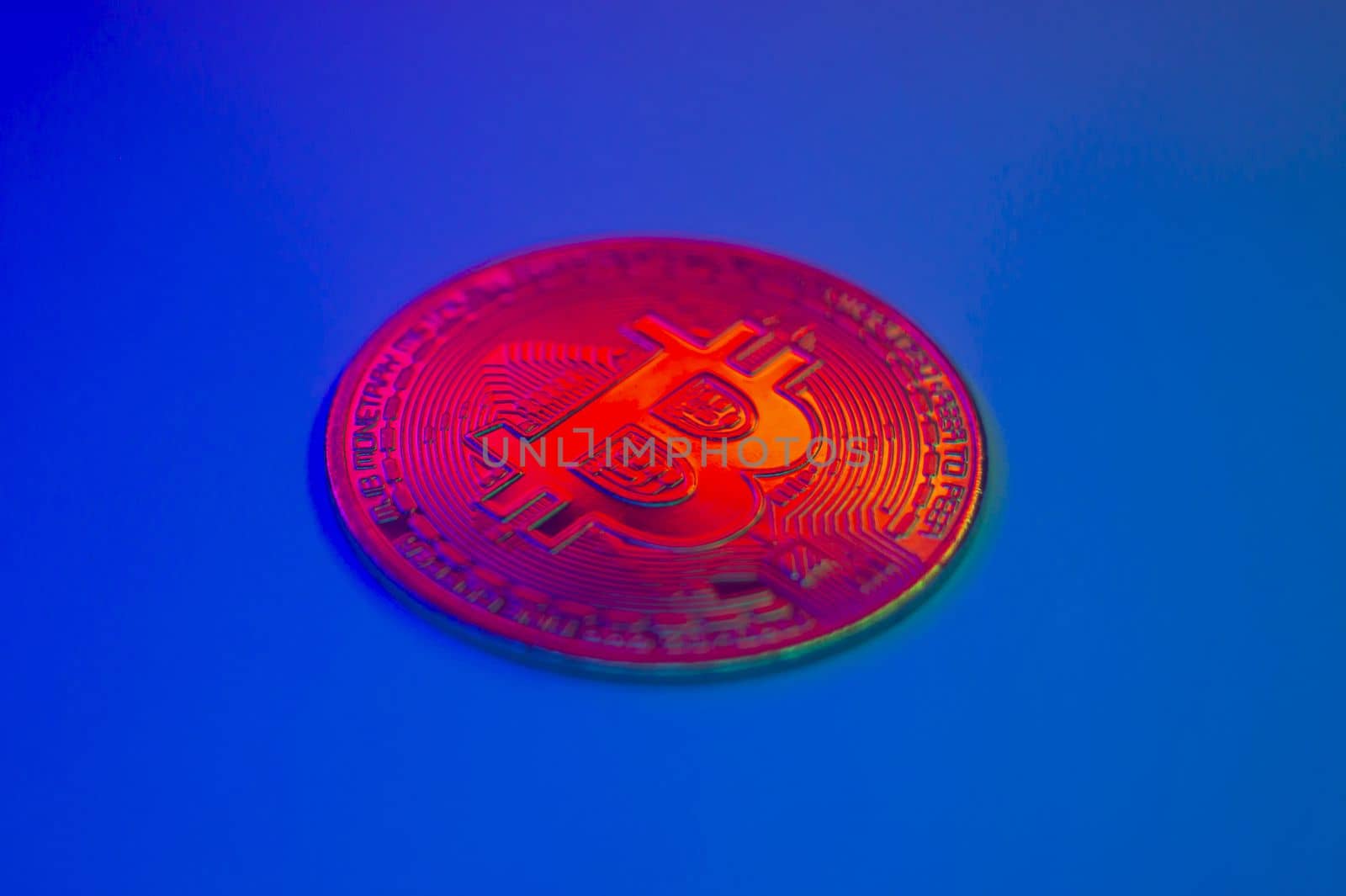 Crypto currency red coin with bitcoin symbol on isolated on black background. Bitcoin Coin on colored background. Bitcoin cryptocurrency. Cryptocurrency Coin Concept. by mr-tigga