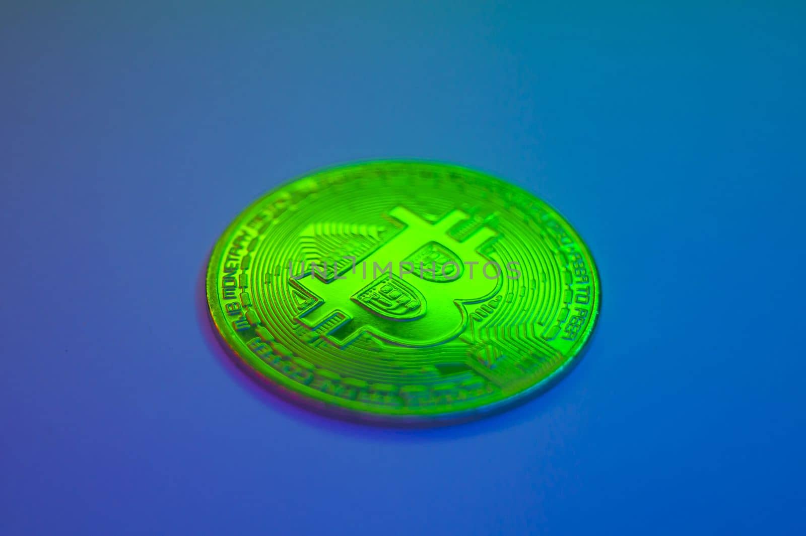 Crypto currency green coin with bitcoin symbol on isolated on black background. Bitcoin Coin on colored background. Bitcoin cryptocurrency. Cryptocurrency Coin Concept. by mr-tigga