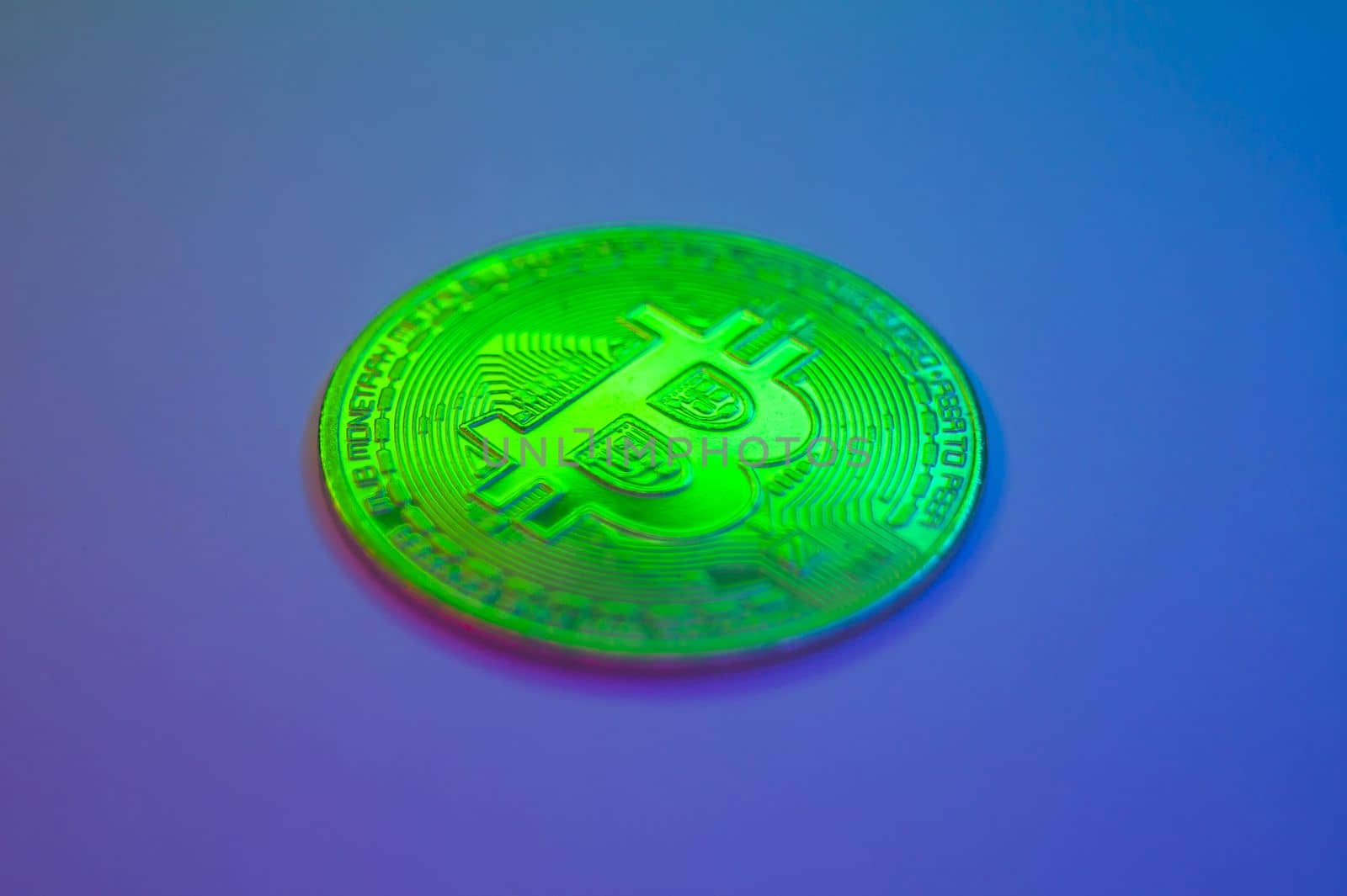 Crypto currency green coin with bitcoin symbol on isolated on black background. Bitcoin Coin on colored background. Bitcoin cryptocurrency. Cryptocurrency Coin Concept. by mr-tigga