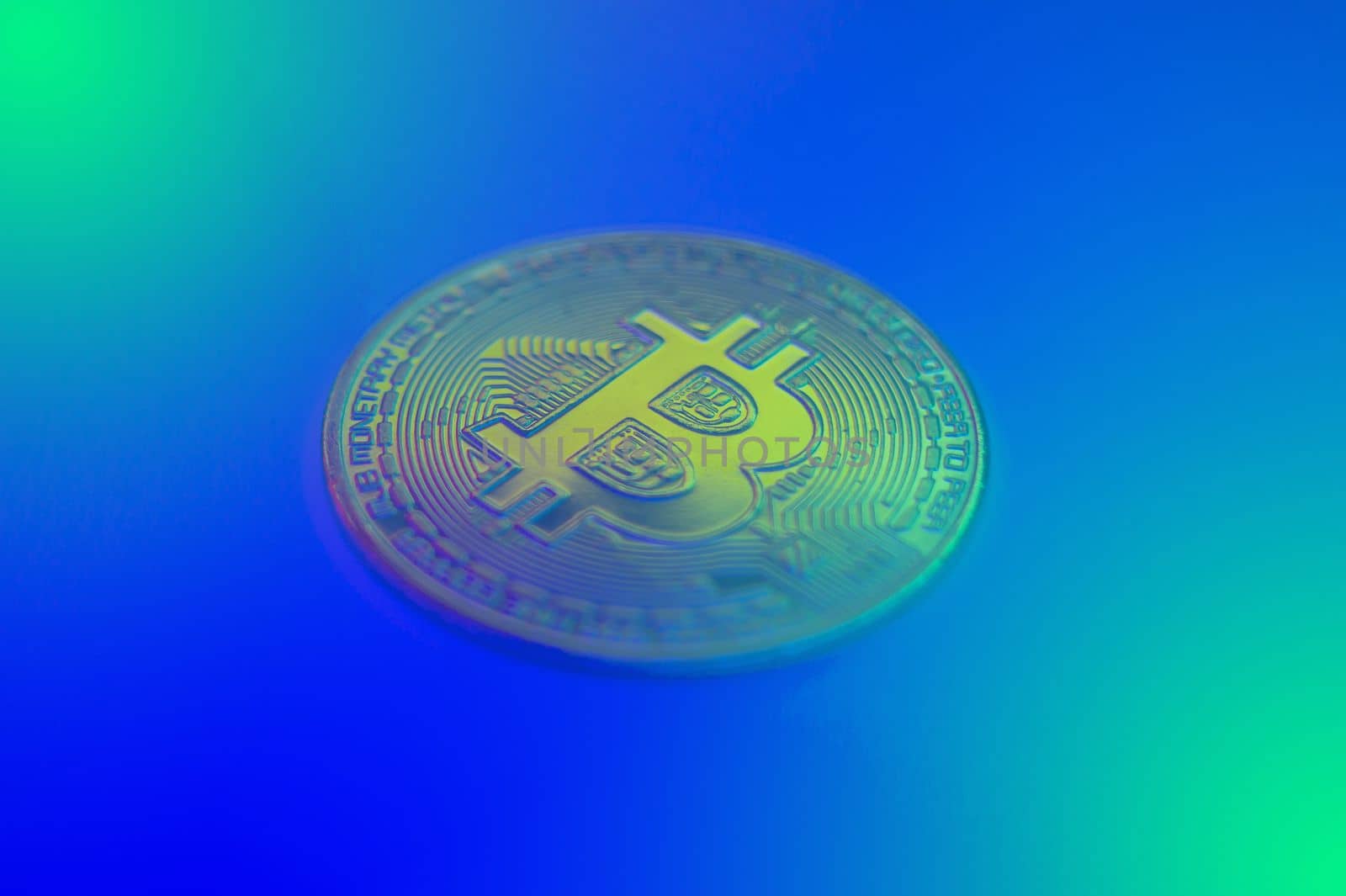 Crypto currency golden coin with bitcoin symbol on isolated on black background. Bitcoin Coin on colored background. Bitcoin cryptocurrency. Cryptocurrency Coin Concept. single golden valuable