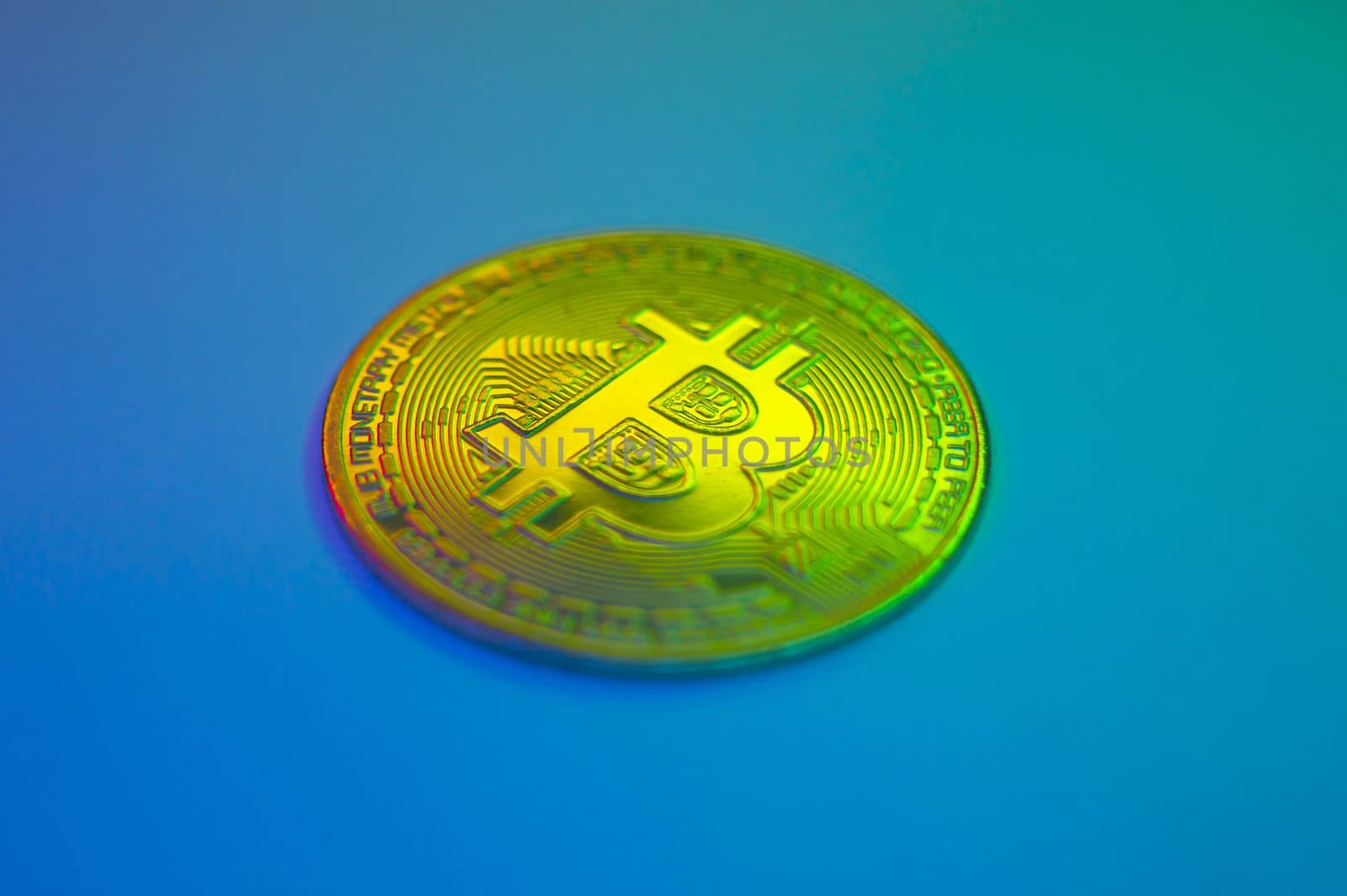 Crypto currency golden coin with bitcoin symbol on isolated on black background. Bitcoin Coin on colored background. Bitcoin cryptocurrency. Cryptocurrency Coin Concept. single golden valuable