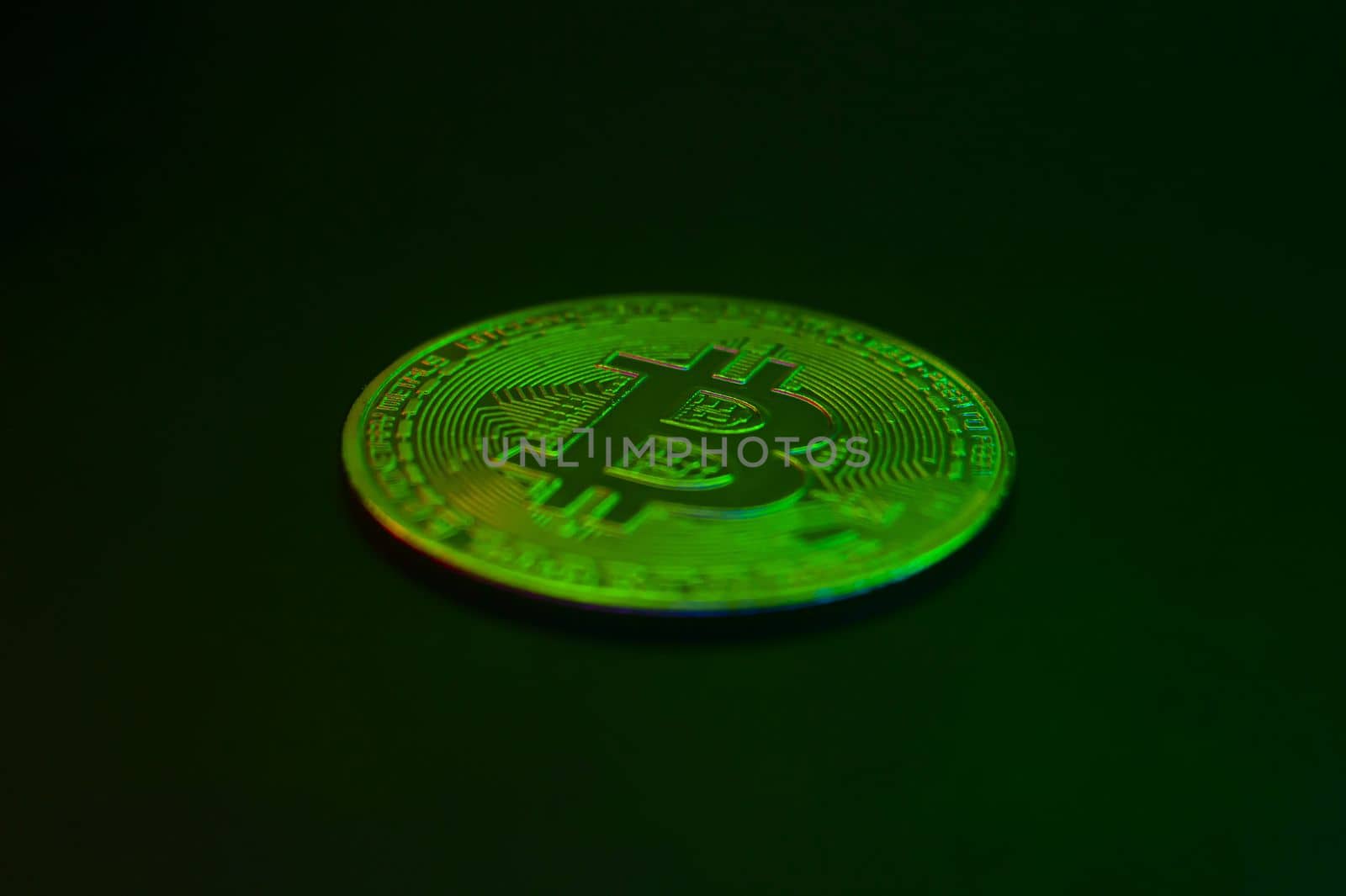 Crypto currency golden coin with bitcoin symbol on isolated on black background. Bitcoin Coin on black background. Bitcoin cryptocurrency. Cryptocurrency Coin Concept. single golden valuable. left bottom by mr-tigga