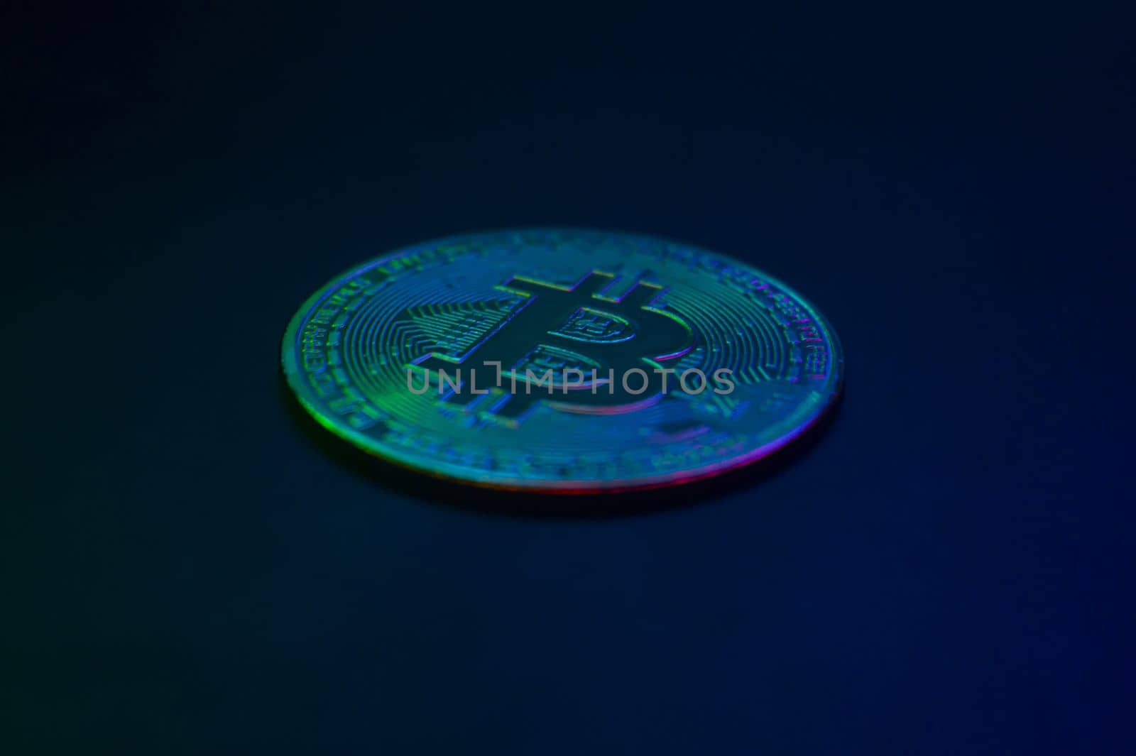 Crypto currency golden coin with bitcoin symbol on isolated on black background. Bitcoin Coin on black background. Bitcoin cryptocurrency. Cryptocurrency Coin Concept. single golden valuable. left bottom by mr-tigga