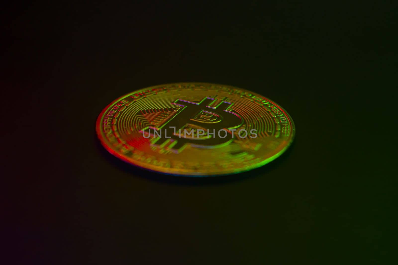 Crypto currency golden coin with bitcoin symbol on isolated on black background. Bitcoin Coin on black background. Bitcoin cryptocurrency. Cryptocurrency Coin Concept. single golden valuable. left bottom by mr-tigga