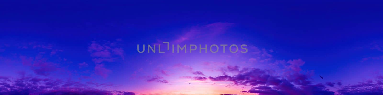 Dark blue magenta twilight sky panorama with Cumulus clouds. Seamless hdr 360 panorama in spherical equiangular format. Full zenith or sky dome for 3D visualization, sky replacement for aerial drone panoramas.