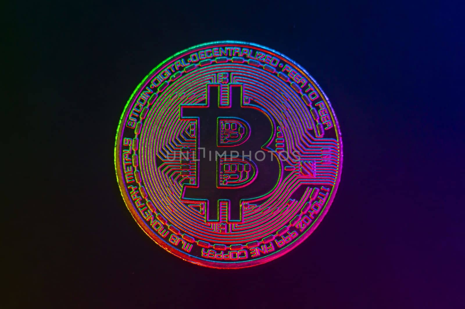 Crypto currency golden coin with bitcoin symbol on isolated on black background. Bitcoin Coin on black background. Bitcoin cryptocurrency. Cryptocurrency Coin Concept. single golden valuable. left bottom by mr-tigga