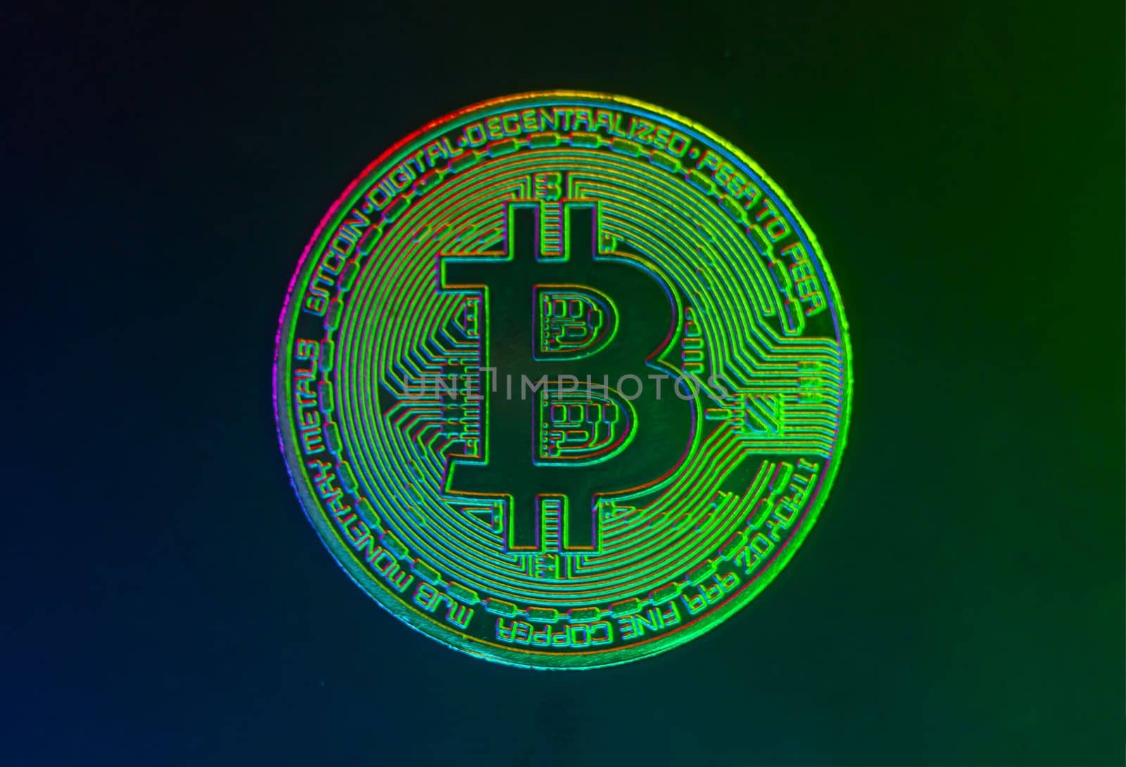 Crypto currency golden coin with bitcoin symbol on isolated on black background. Bitcoin Coin on black background. Bitcoin cryptocurrency. Cryptocurrency Coin Concept. single golden valuable. left bottom by mr-tigga