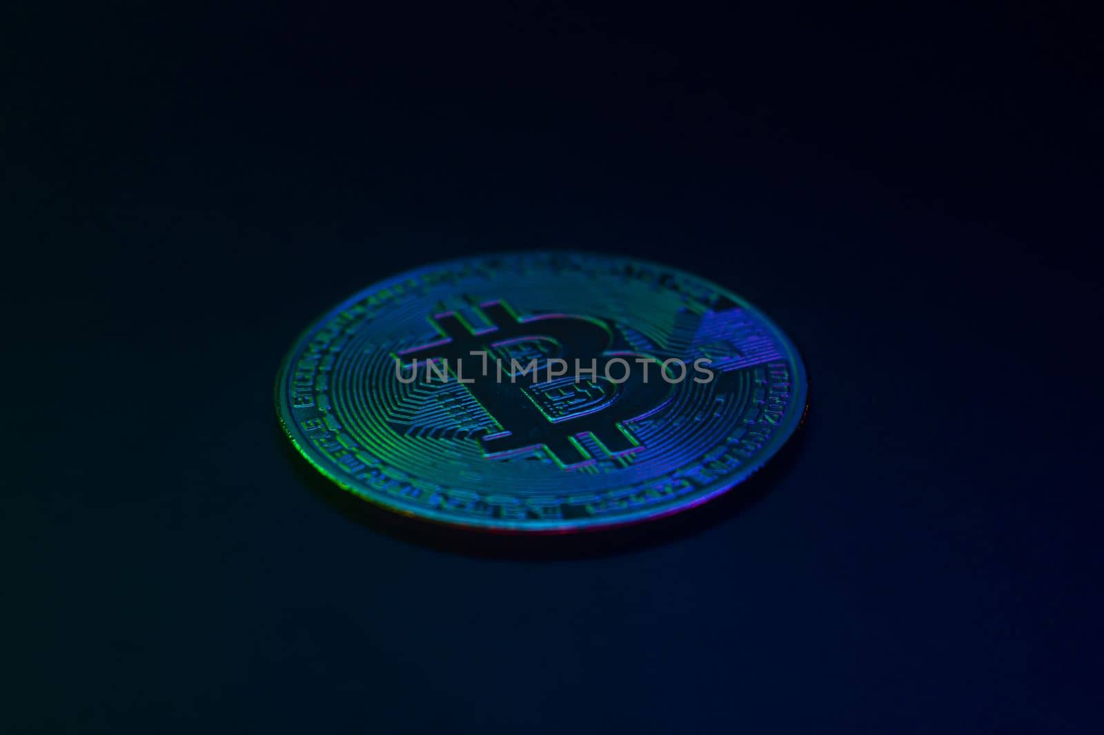 Crypto currency golden coin with bitcoin symbol on isolated on black background. Bitcoin Coin on black background. Bitcoin cryptocurrency. Cryptocurrency Coin Concept. single golden valuable. left bottom by mr-tigga