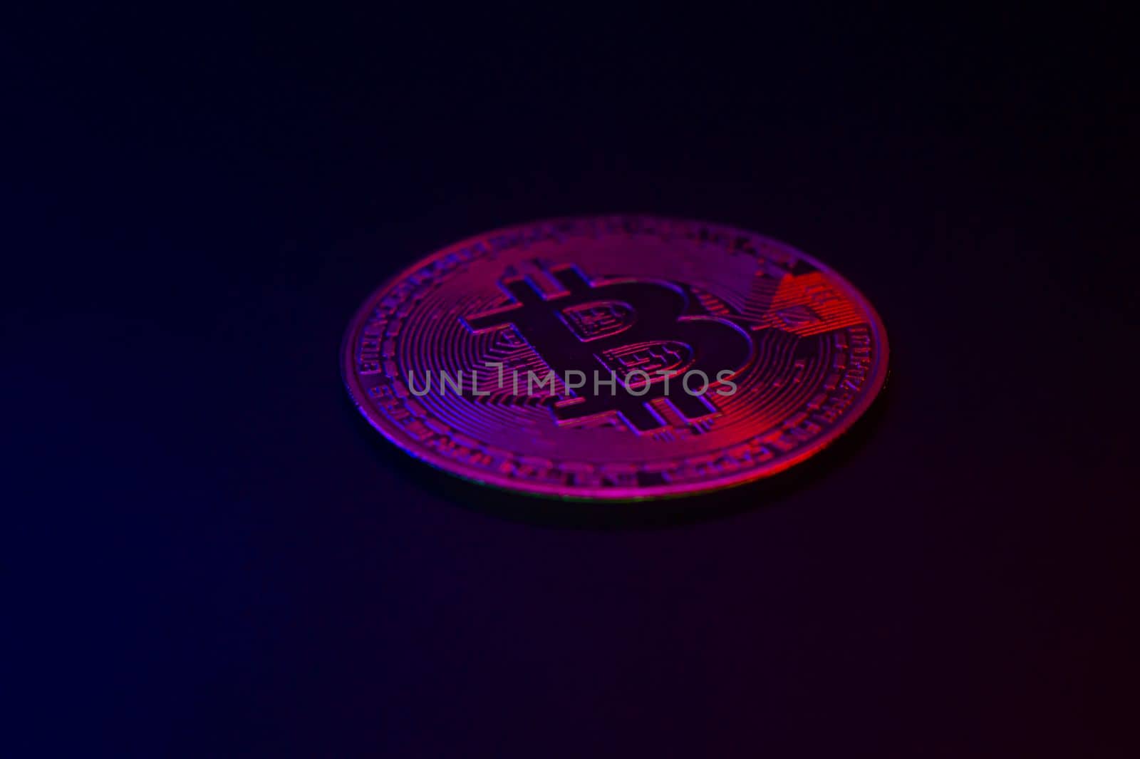 Crypto currency golden coin with bitcoin symbol on isolated on black background. Bitcoin Coin on black background. Bitcoin cryptocurrency. Cryptocurrency Coin Concept. single golden valuable. left bottom by mr-tigga