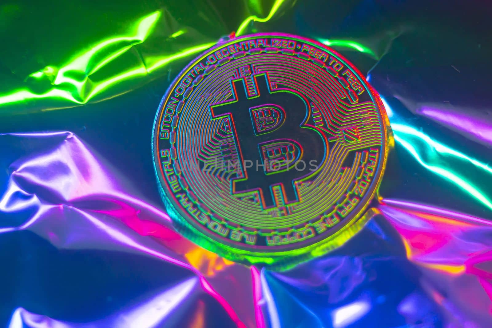 Crypto currency green-golden coin with bitcoin symbol on isolated on metallic background. Bitcoin Coin on black background. Bitcoin cryptocurrency. Cryptocurrency Coin Concept. single golden valuable