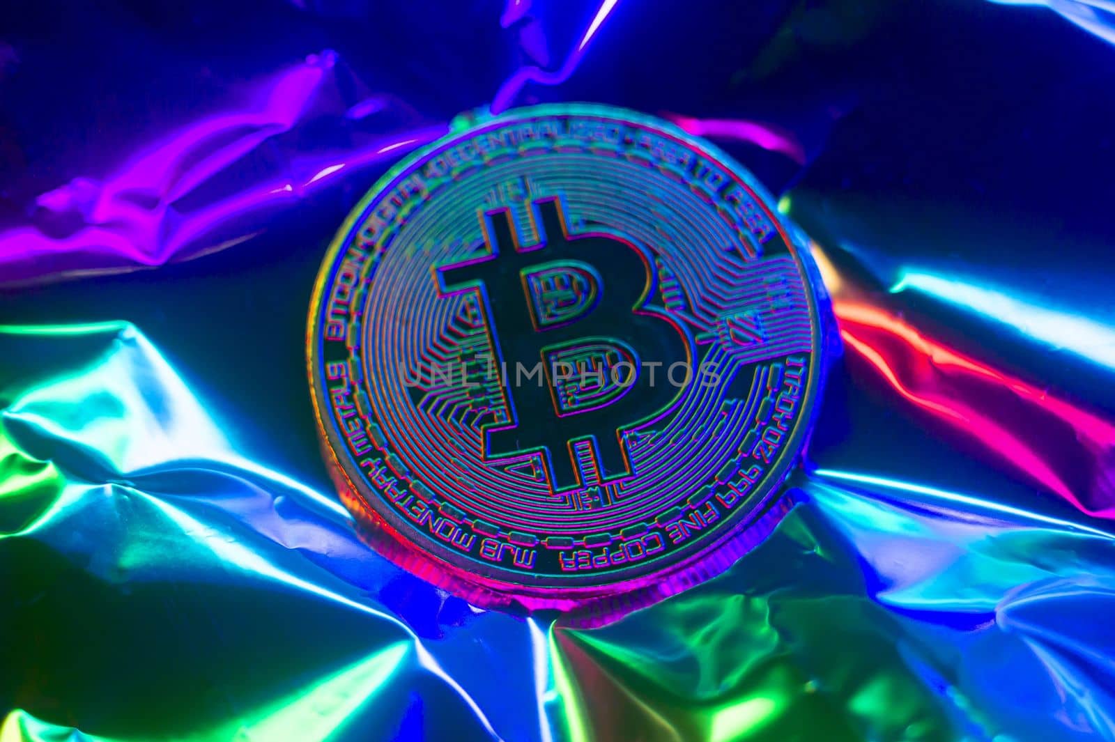 Crypto currency green-golden coin with bitcoin symbol on isolated on metallic background. Bitcoin Coin on black background. Bitcoin cryptocurrency. Cryptocurrency Coin Concept. single golden valuable. left bottom by mr-tigga
