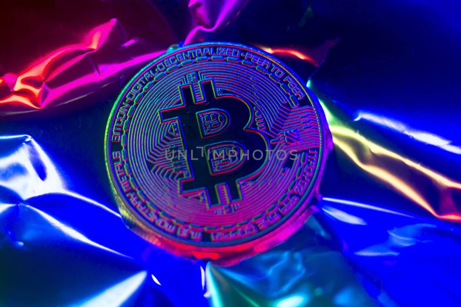 Crypto currency green-golden coin with bitcoin symbol on isolated on metallic background. Bitcoin Coin on black background. Bitcoin cryptocurrency. Cryptocurrency Coin Concept. single golden valuable