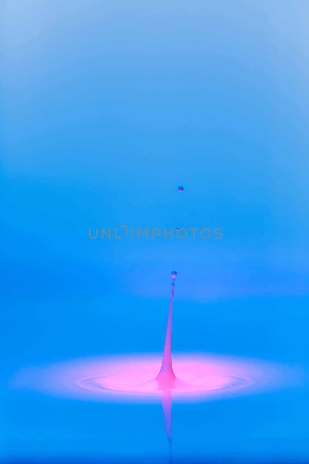 A drop falls into a thick liquid with a blue-pink background. Abstract colorful background