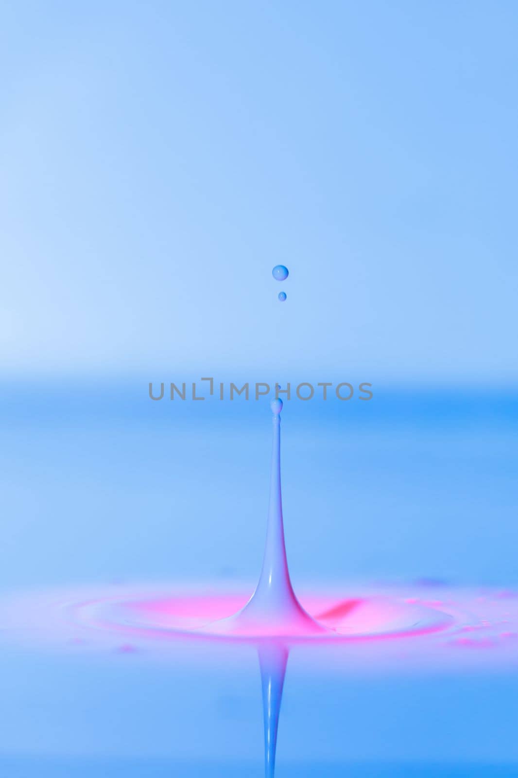 A drop falls into a thick liquid with a blue-pink background. Abstract colorful background