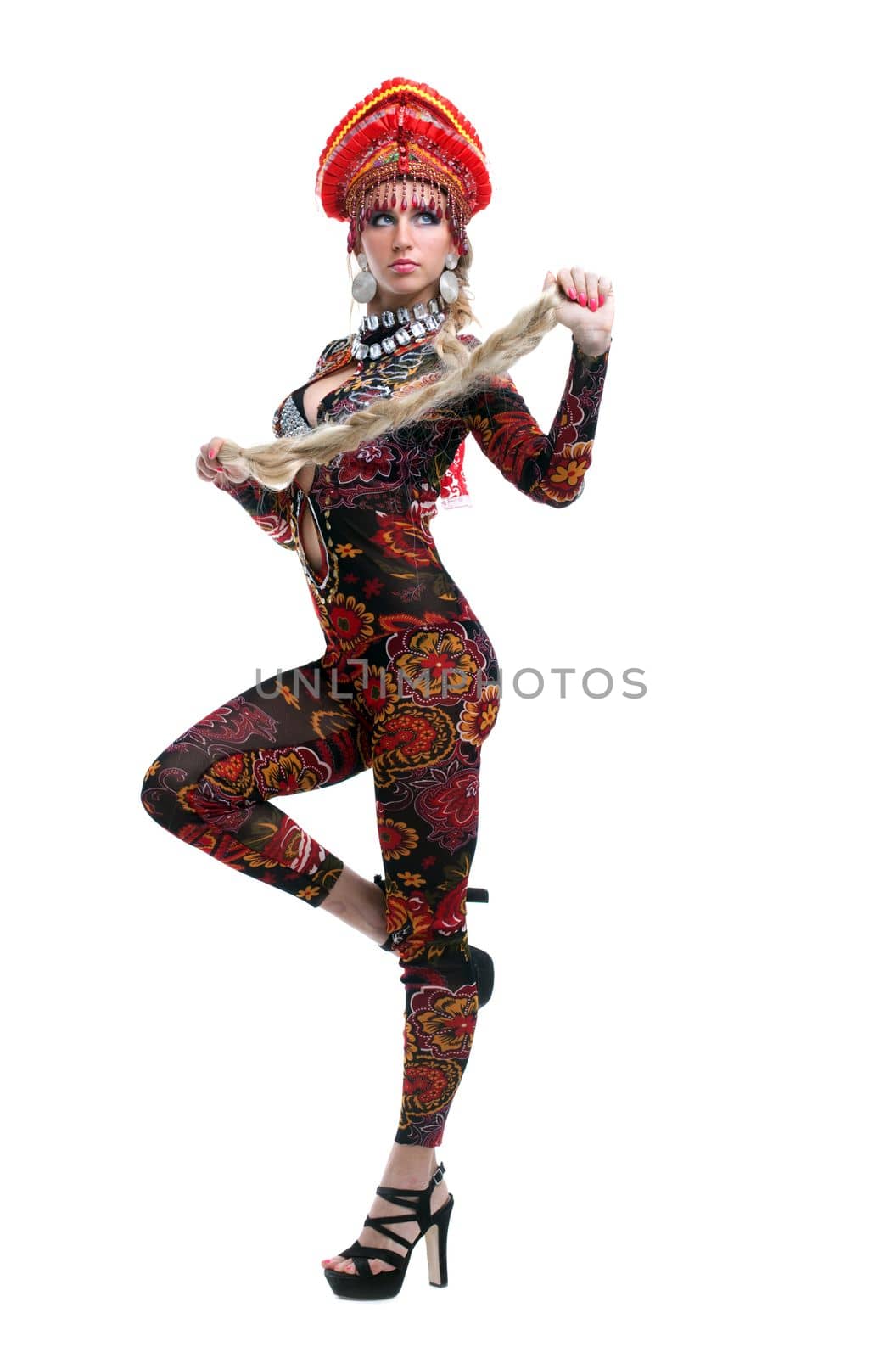 Full length portrait of russian go-go girl. Isolated on white