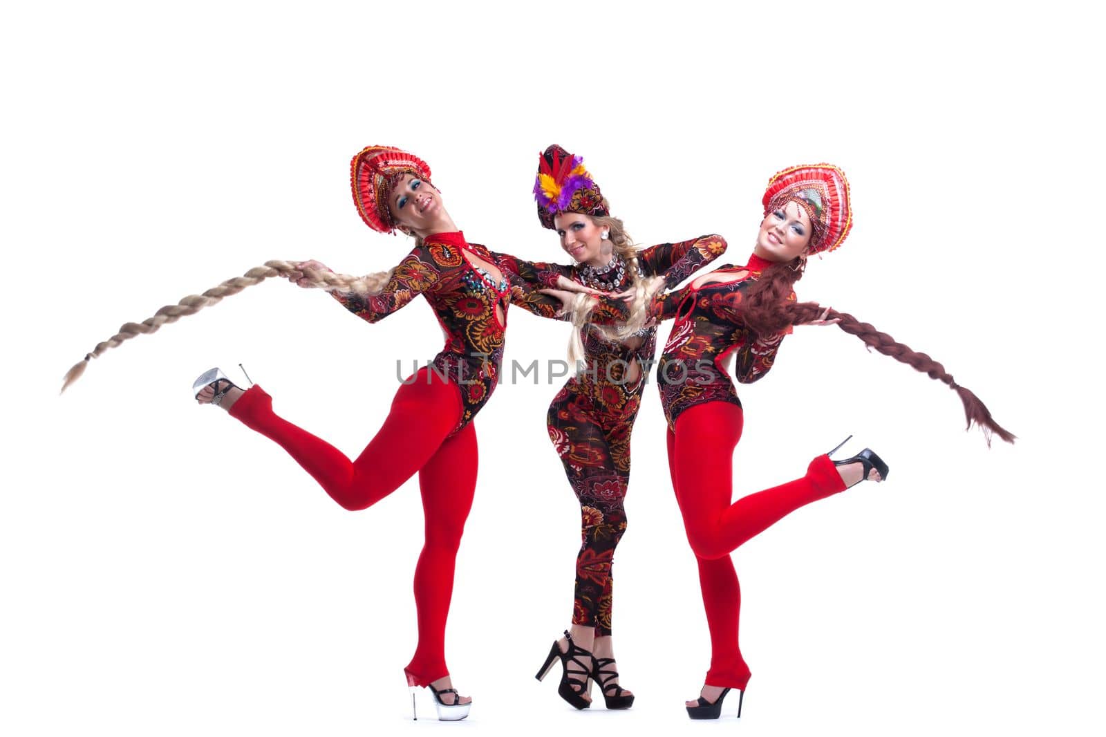 Full length portrait of russian go-go girls. Isolated on white