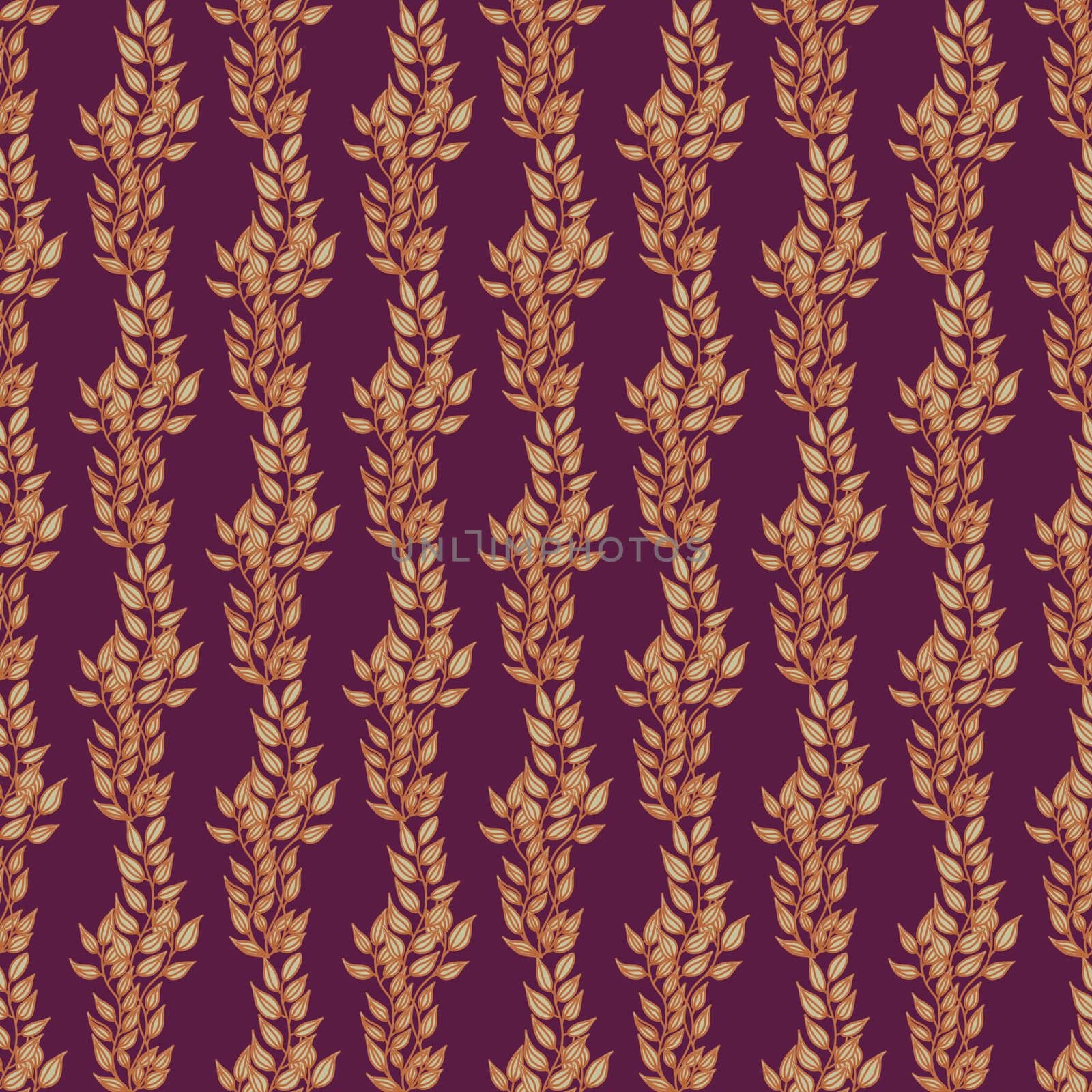 Seamless pattern with a pattern of vertical branches. purple background. Trendy design seamless with golden leaves.Tuberose color by annatarankova
