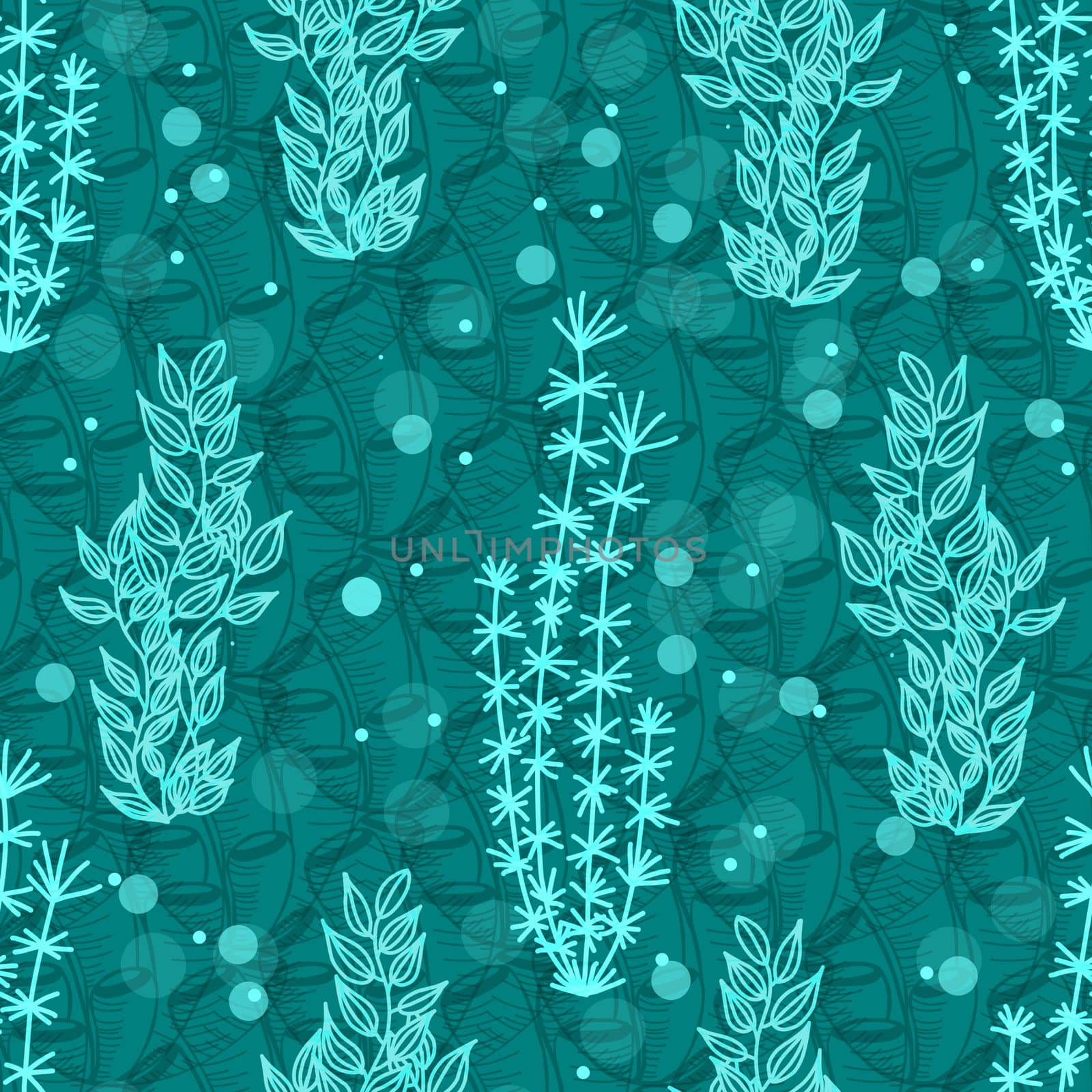 Seamless pattern with a vertical pattern of algae. Turquoise background. Trendy design seamless with underwater plants.Aqua color by annatarankova