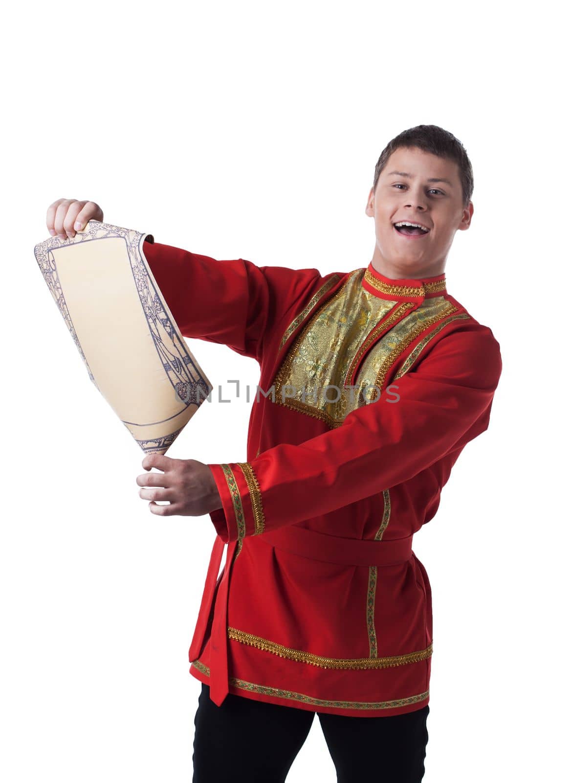 Full length portrait of dancer in russian costume. Isolated on white