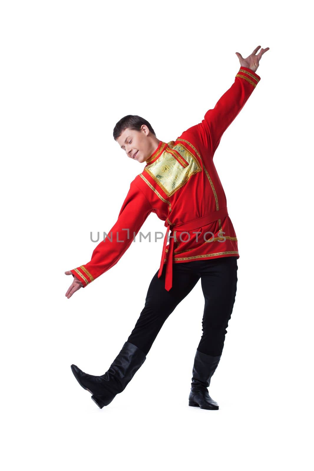 Full length portrait of dancer dance in russian costume. Isolated on white