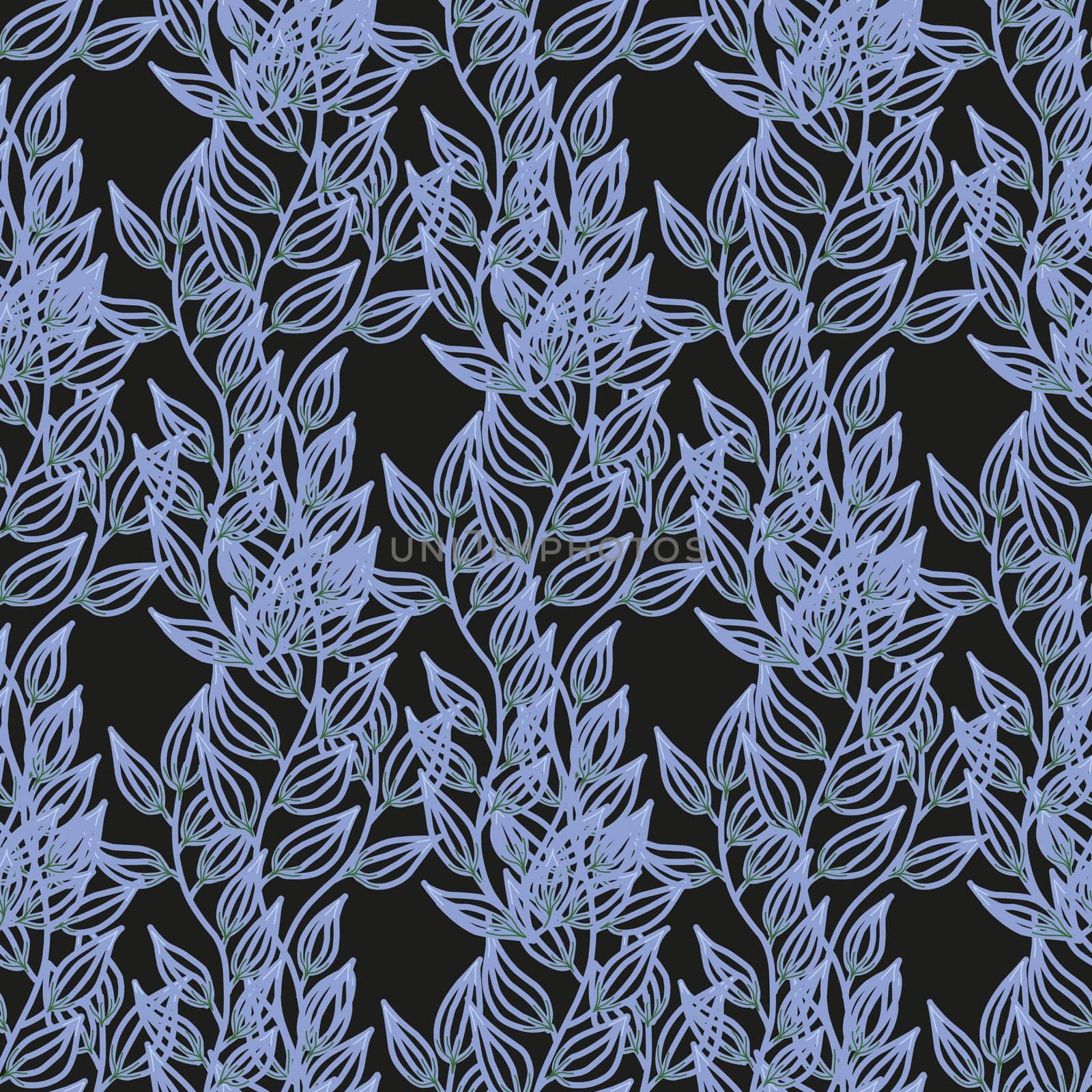 Seamless pattern with vertical pattern of leaves. Black background. Trendy design seamless with branches