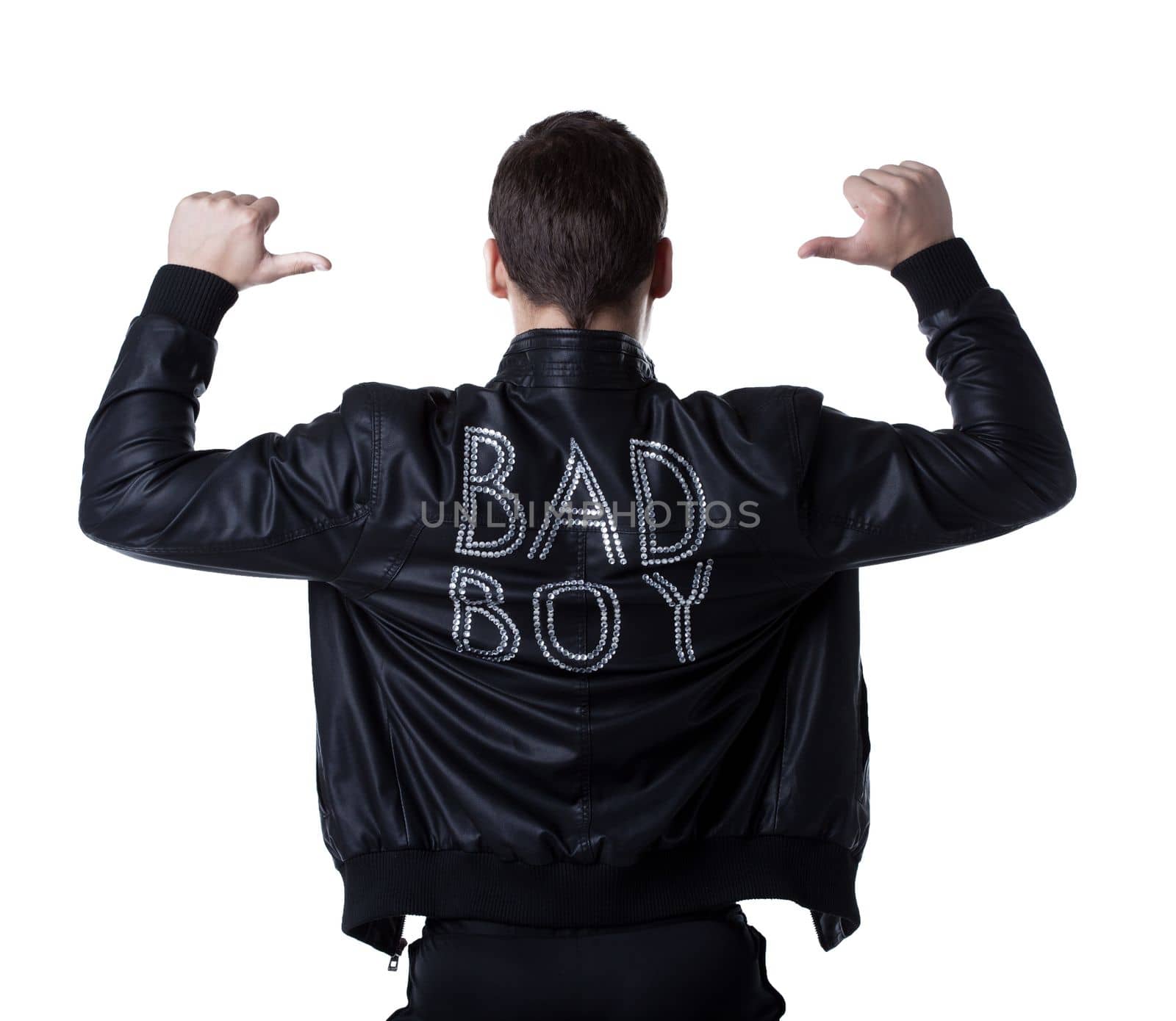back portrait of bad boy striptease man in black jacket. Isolated on white