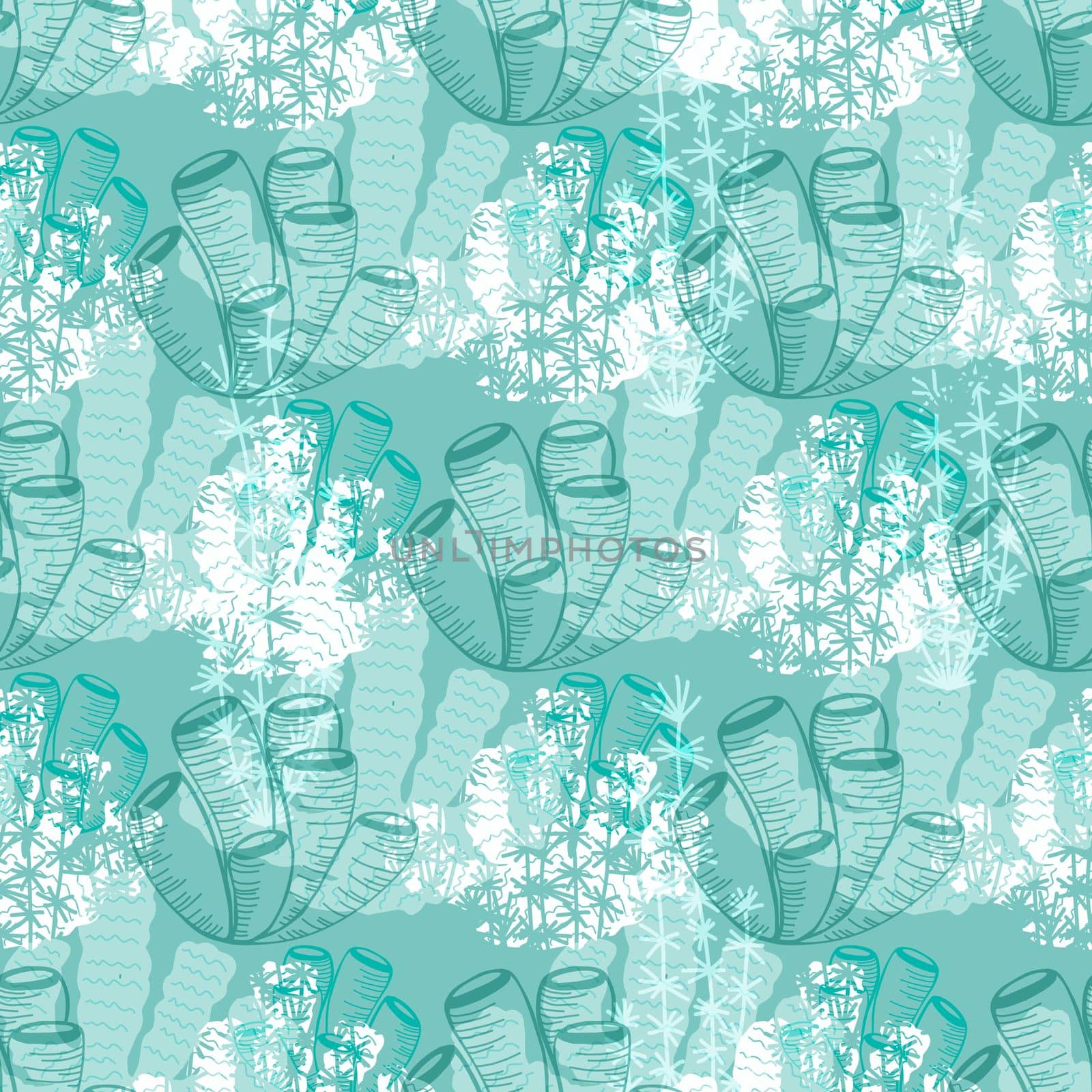 Seamless pattern with a vertical pattern of algae. Turquoise background. Trendy design seamless with underwater plants.Aqua color. by annatarankova