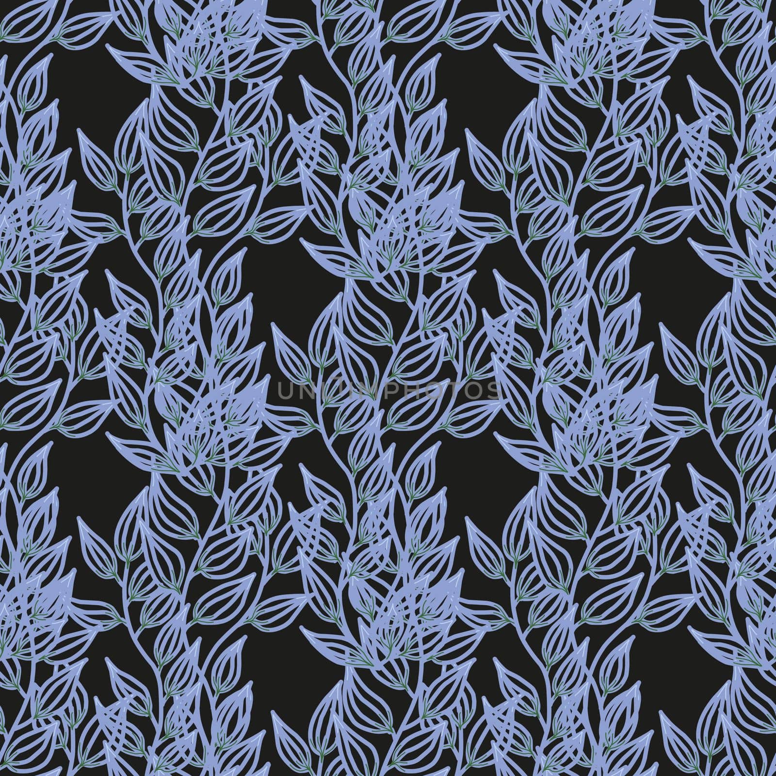 Seamless pattern with vertical pattern of leaves. Black background. Trendy design seamless with branches. by annatarankova