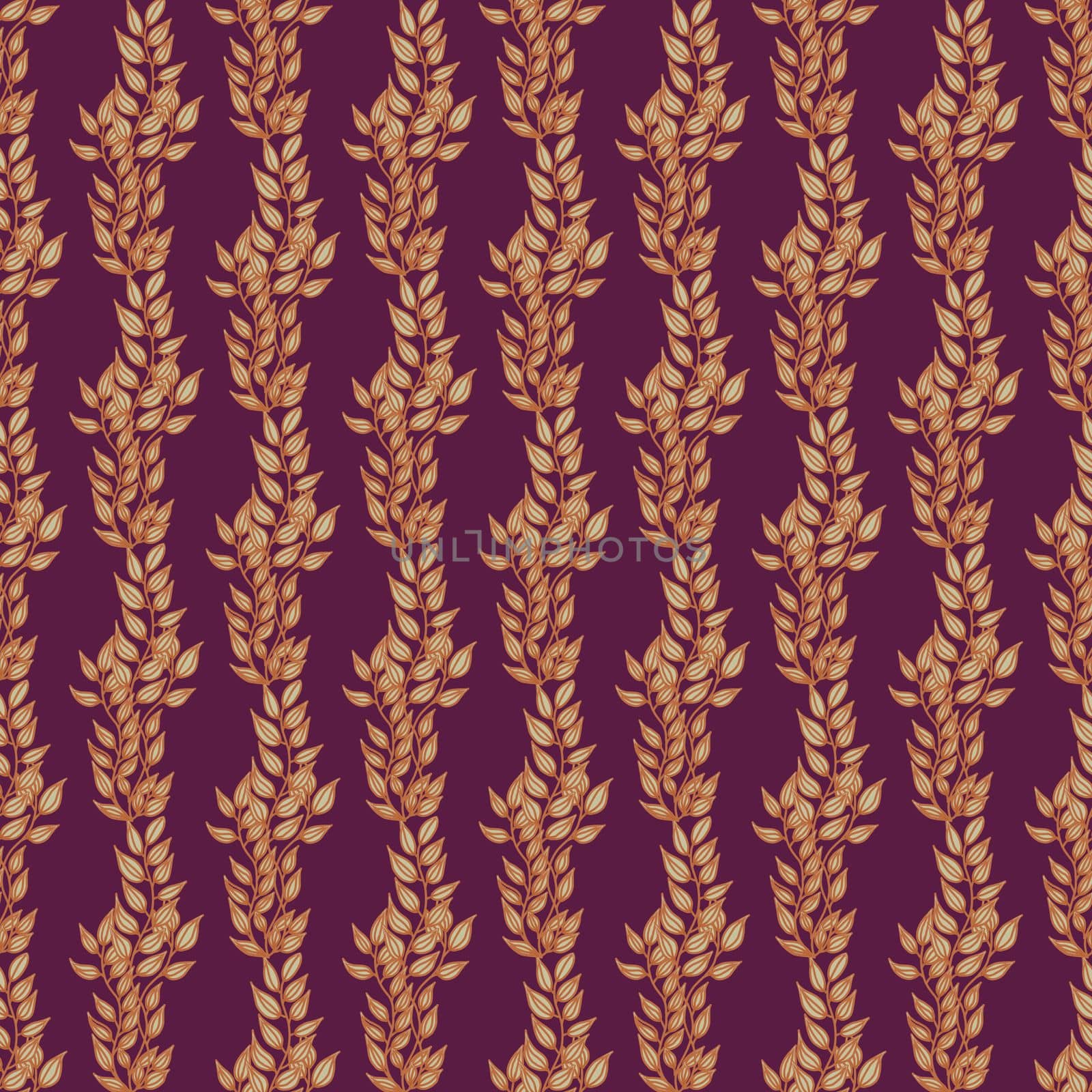 Seamless pattern with a pattern of vertical branches. purple background. Trendy design seamless with golden leaves.Tuberose color.