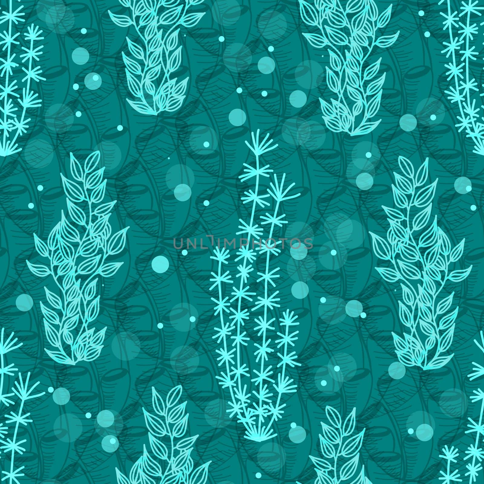 Seamless pattern with a vertical pattern of algae. Turquoise background. Trendy design seamless with underwater plants.Aqua color.