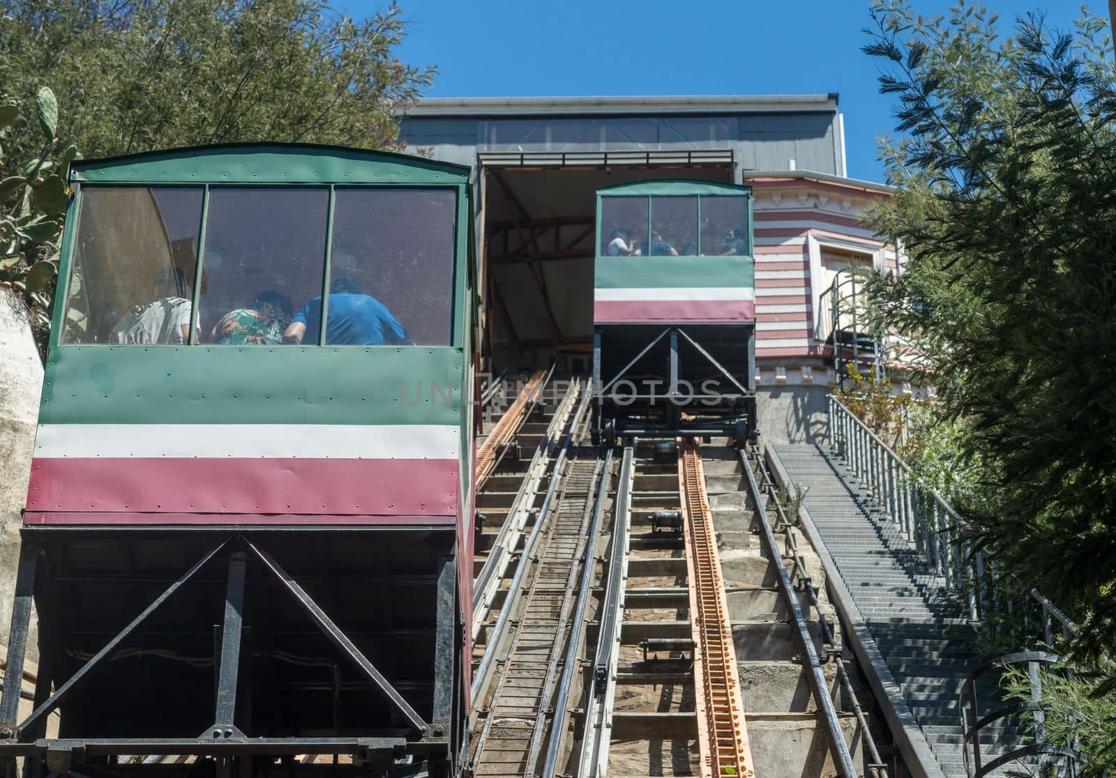 Car leaving the upper station of Funicular railway in Valparaiso Chile