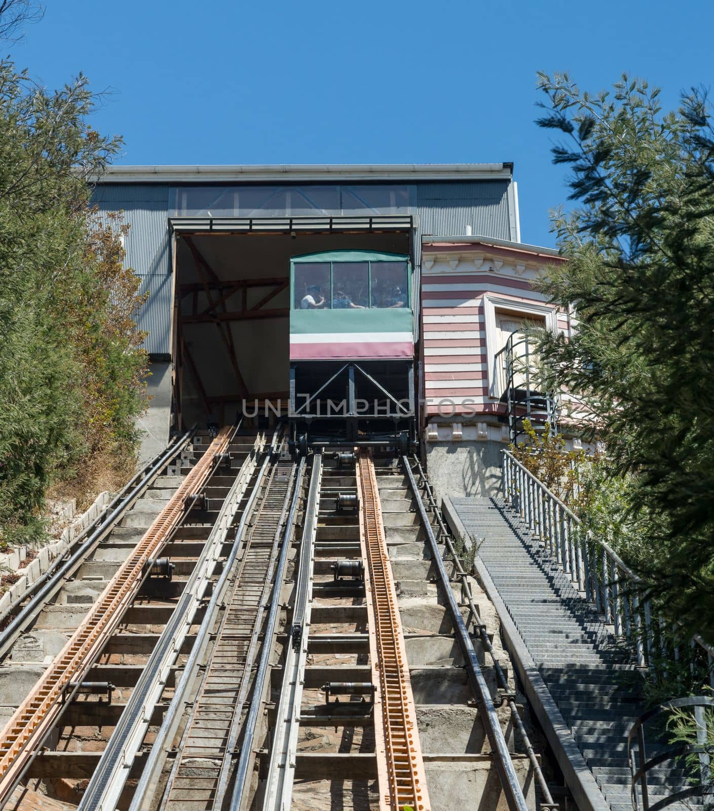 Car leaving the upper station of Funicular railway in Valparaiso Chile