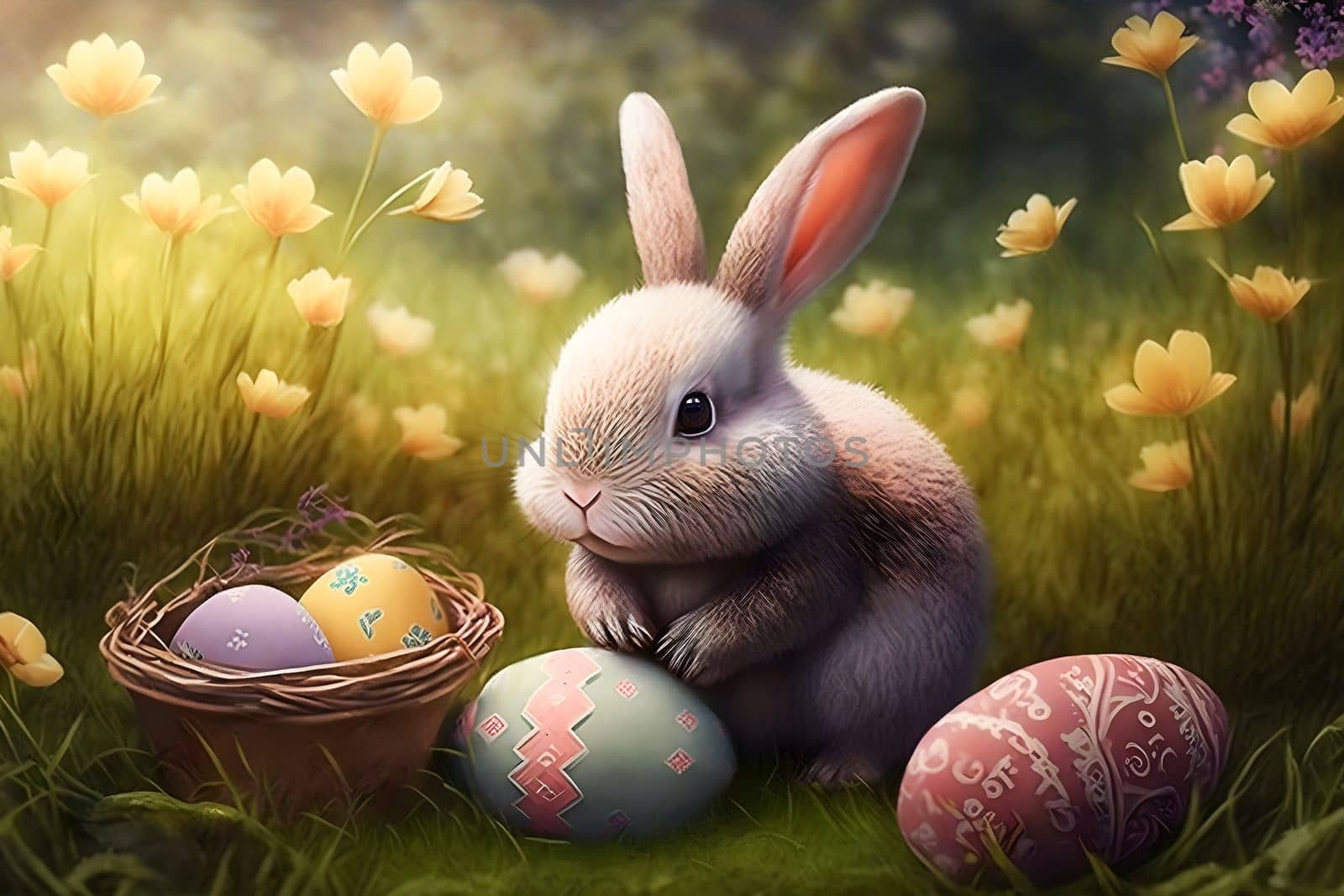 Illustration, a cute Easter Bunny collects colored eggs in a clearing. postcard by Ramanouskaya