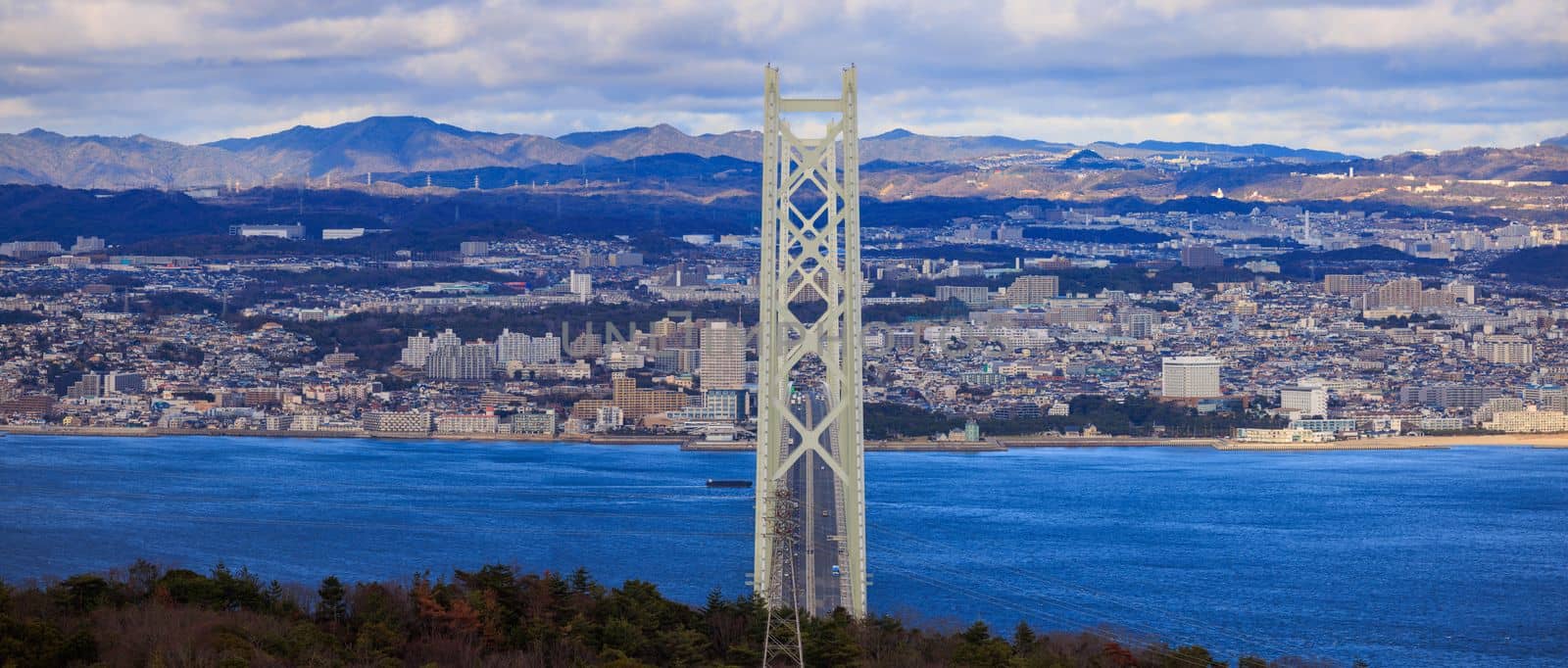 Panoramic view of Akashi Kaikyo Bridge, the longest suspension bridge in the world. High quality photo