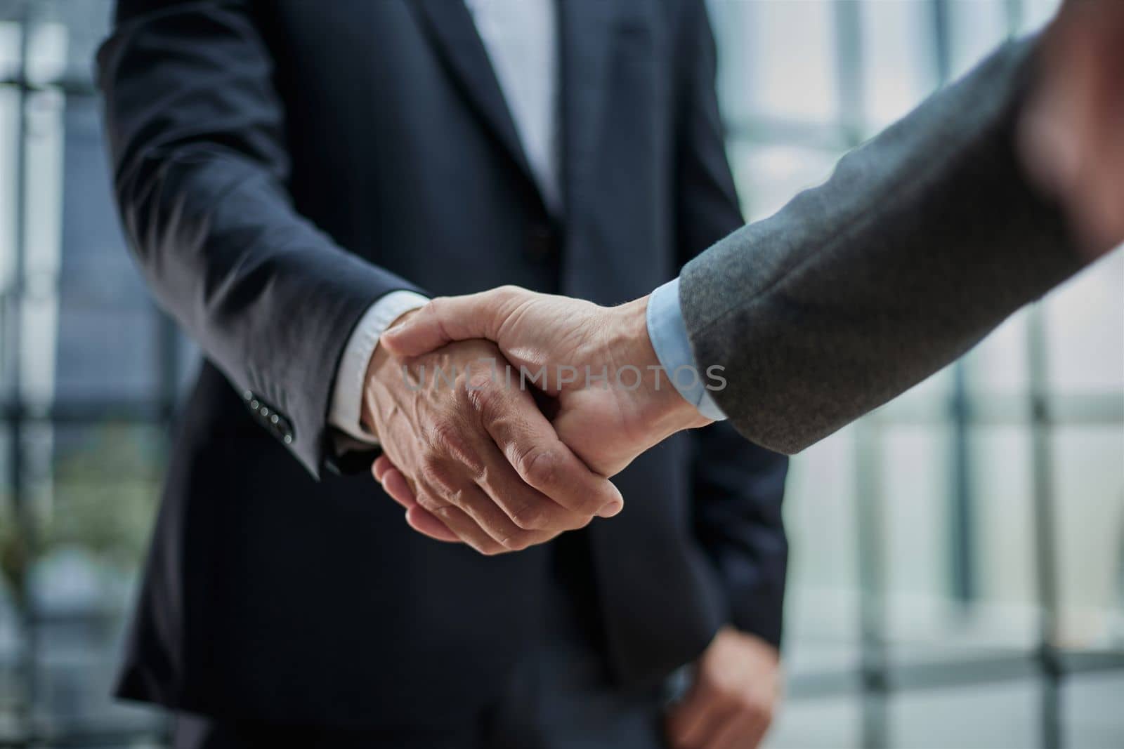 Two diverse professional business men executive leaders shaking hands at office meeting by Prosto