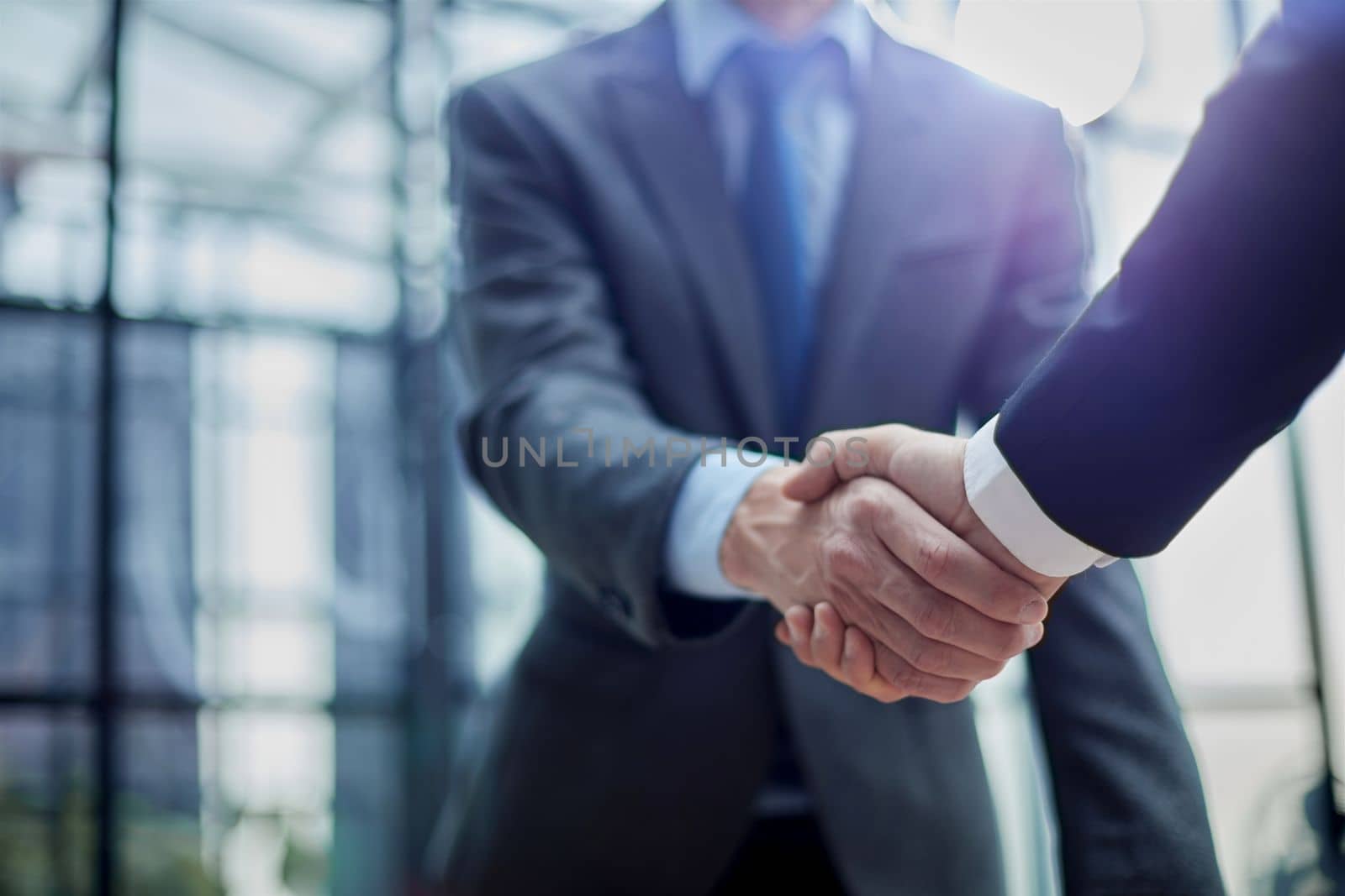 Two diverse professional business men executive leaders shaking hands at office meeting