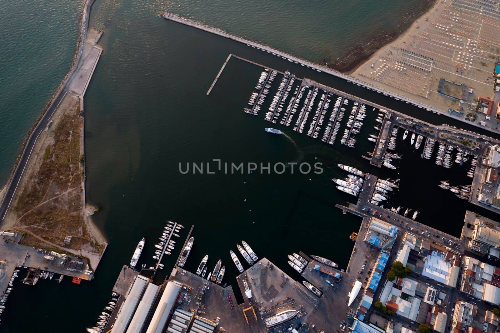 Aerial documentation of the touristic port of Viareggio Tuscany Italy 
