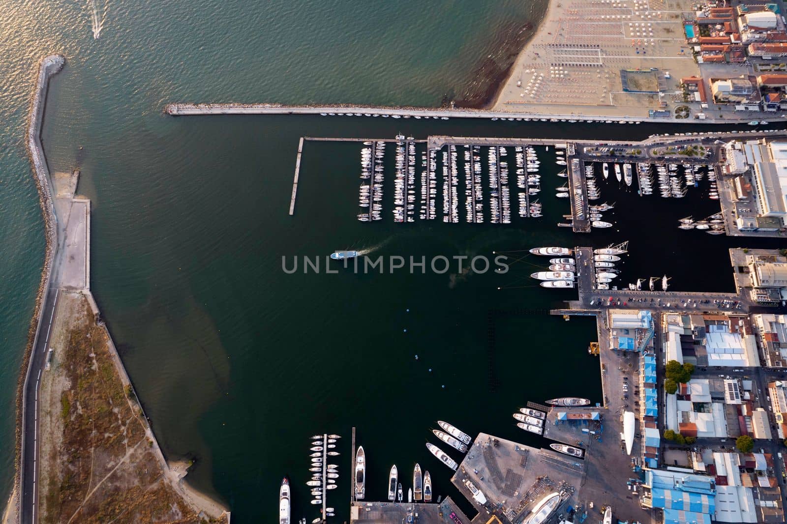 Aerial documentation of the touristic port of Viareggio Tuscany Italy 
