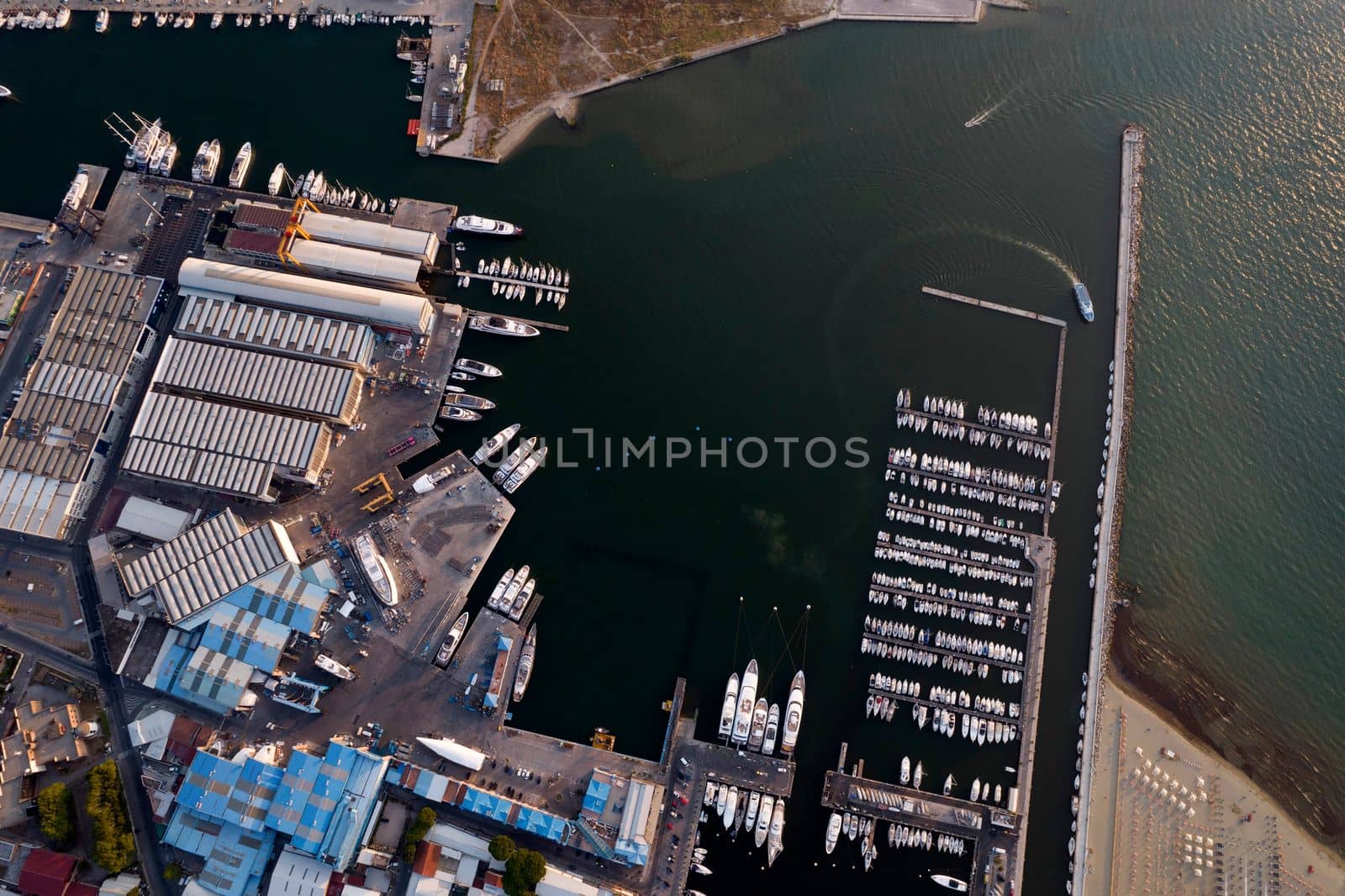 Aerial documentation of the touristic port of Viareggio Tuscany Italy 
