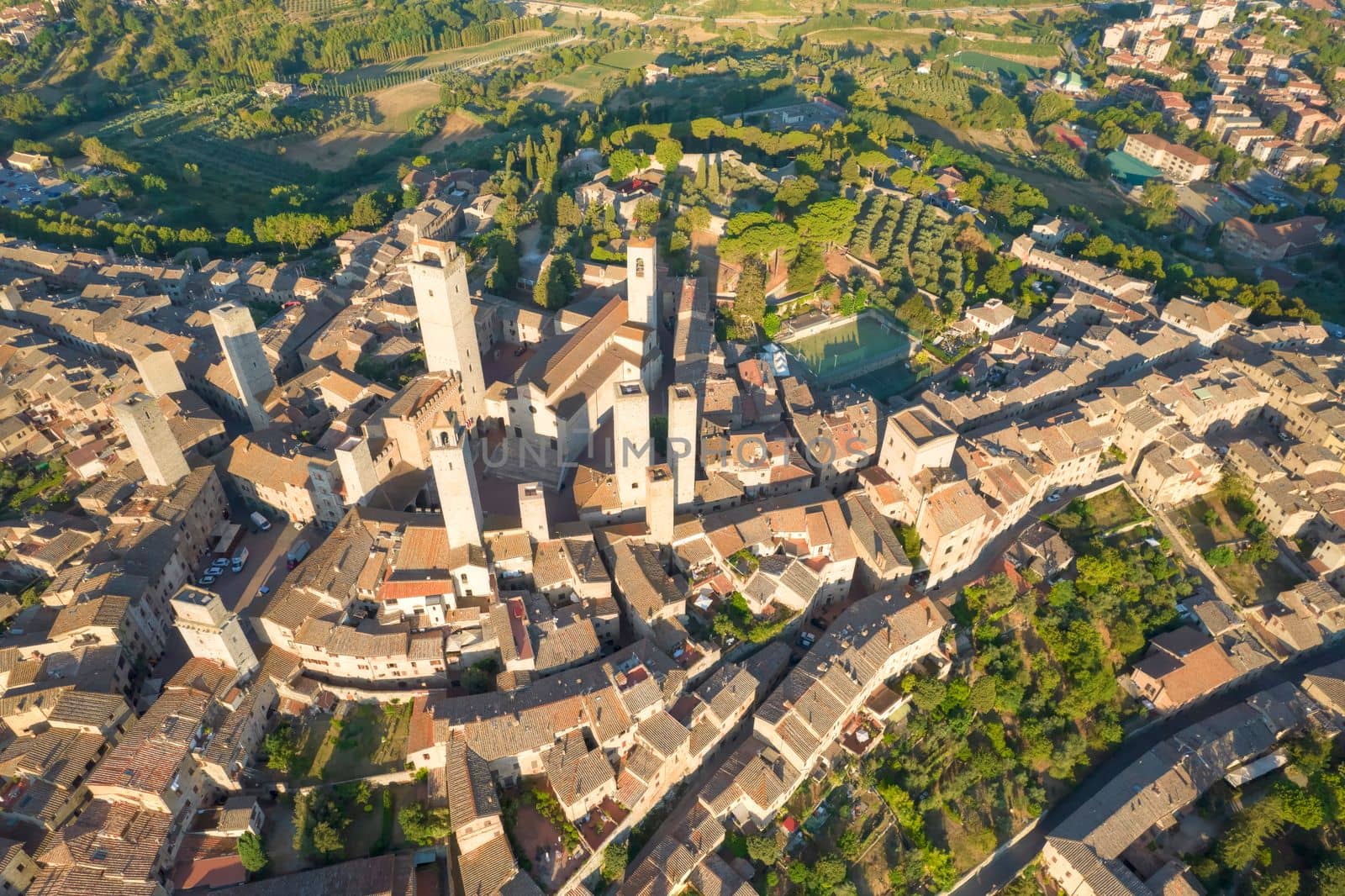 Aerial photographic documentation of the town of San Gimignano Toscany Italy 