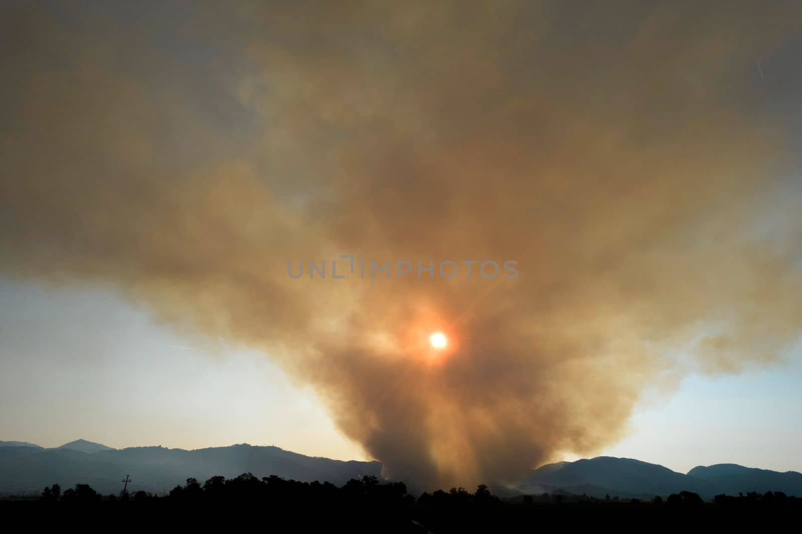 Photographic documentation of a large column of smoke caused by a forest fire in the upper Versilia Tuscany