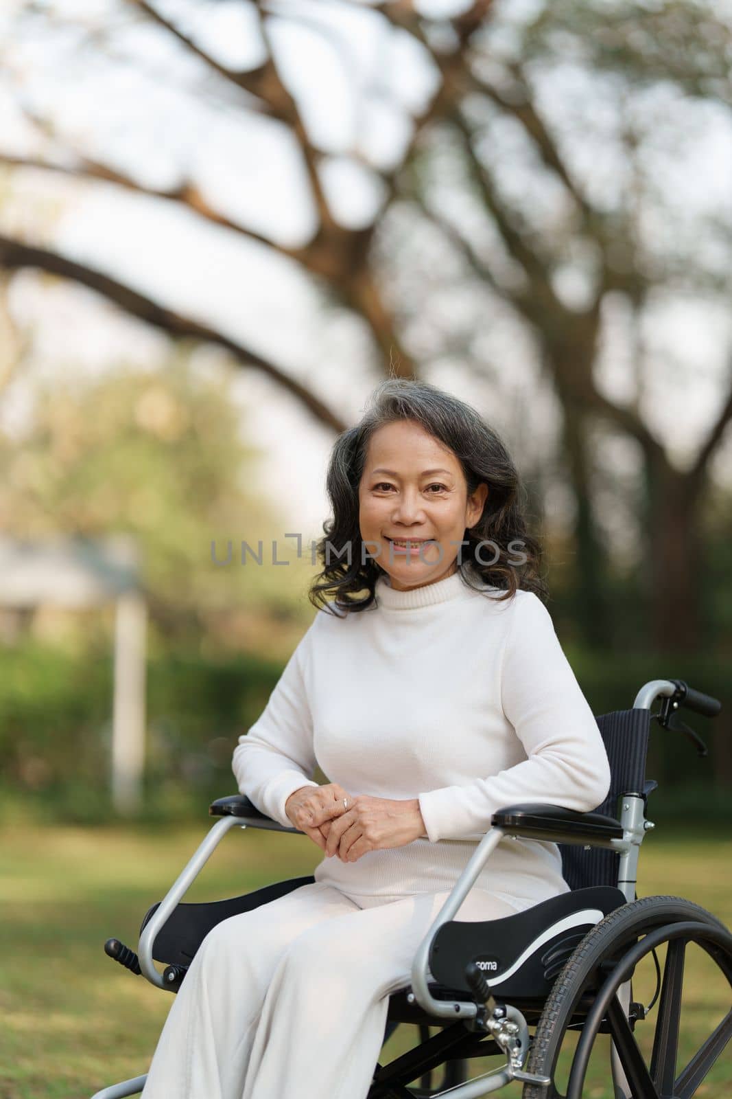 Happy senior asian women in wheelchair at home garden.