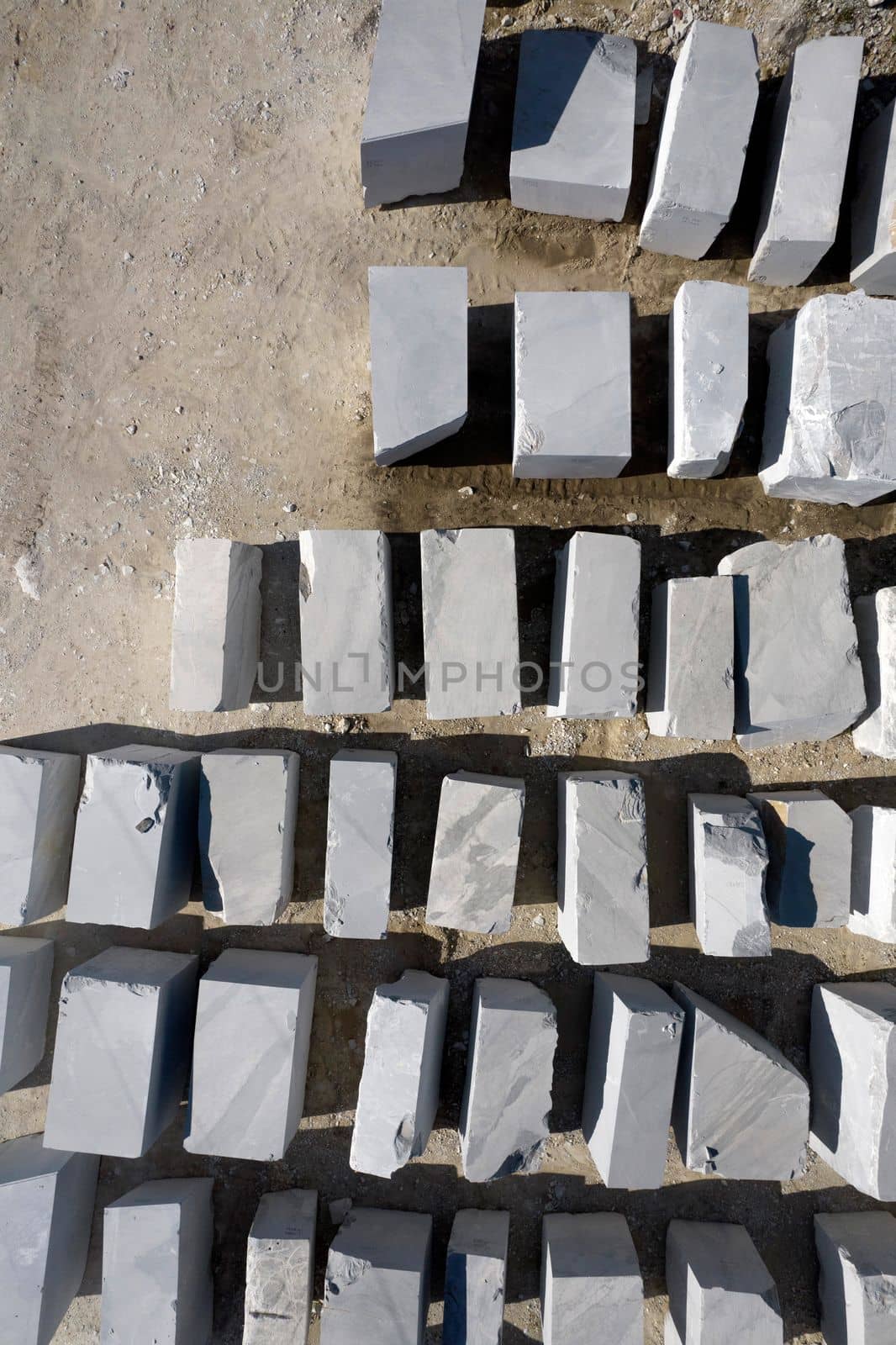 Aerial photographic documentation of a deposit of marble blocks in Carrara Italy