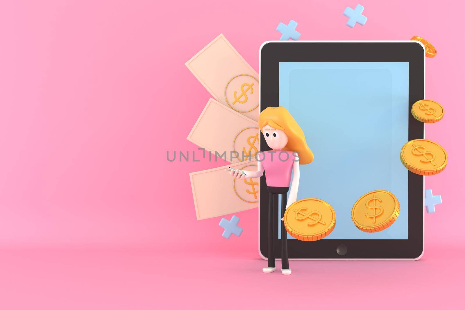 A woman uses a mobile phone and a tablet to make money. 3d illustrator.